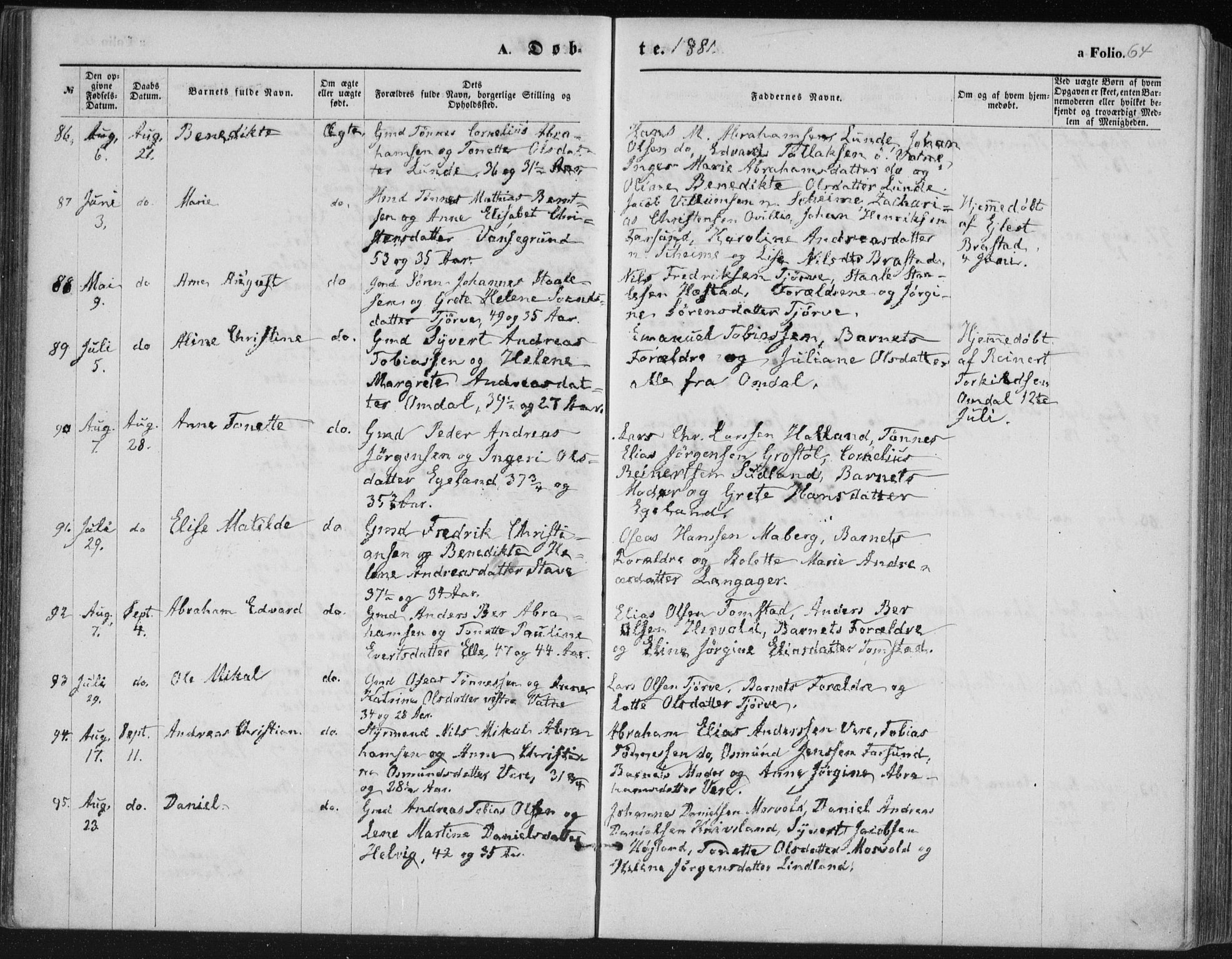 Lista sokneprestkontor, AV/SAK-1111-0027/F/Fb/L0004: Parish register (copy) no. B 4, 1877-1891, p. 64