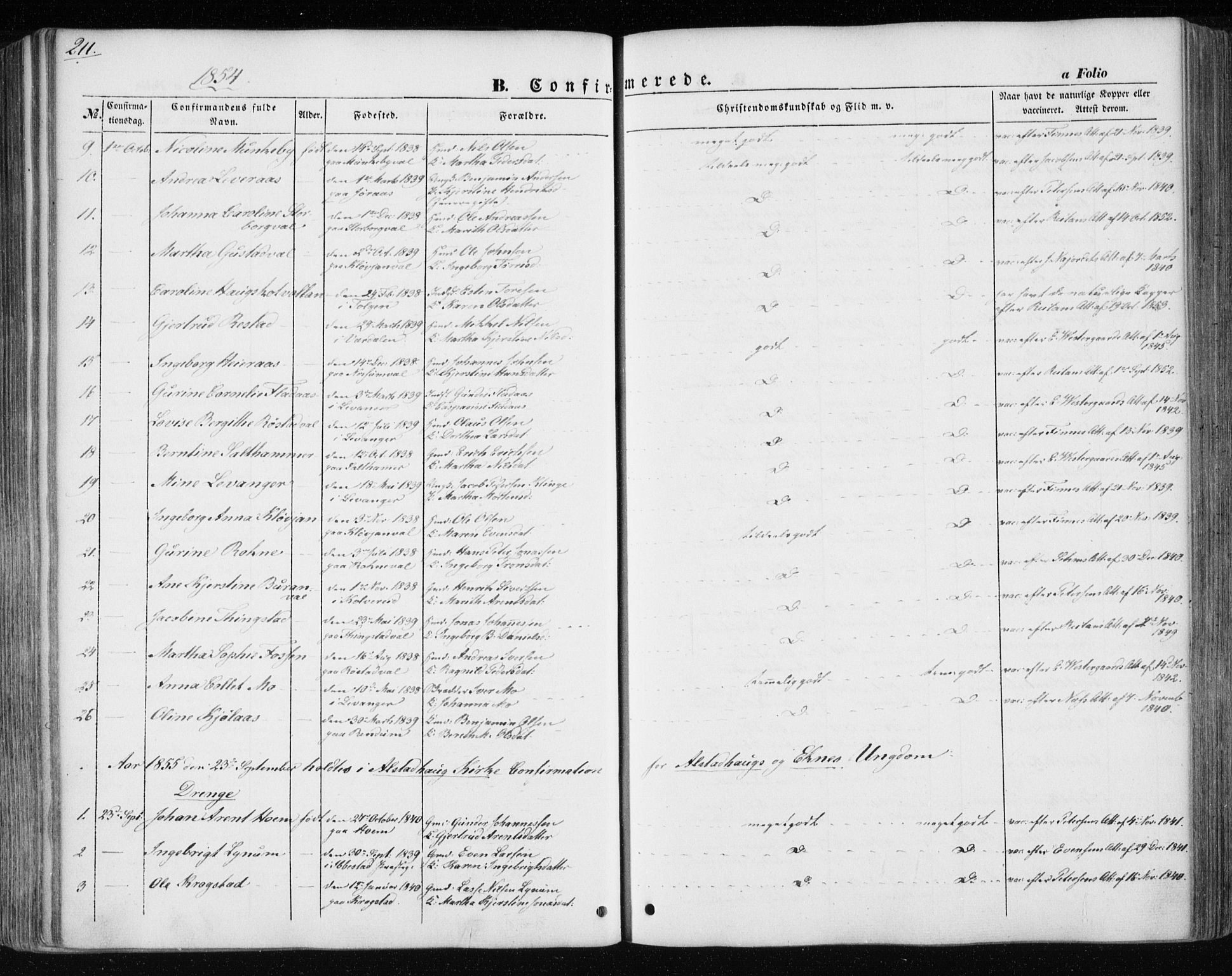 Ministerialprotokoller, klokkerbøker og fødselsregistre - Nord-Trøndelag, SAT/A-1458/717/L0154: Parish register (official) no. 717A07 /1, 1850-1862, p. 211