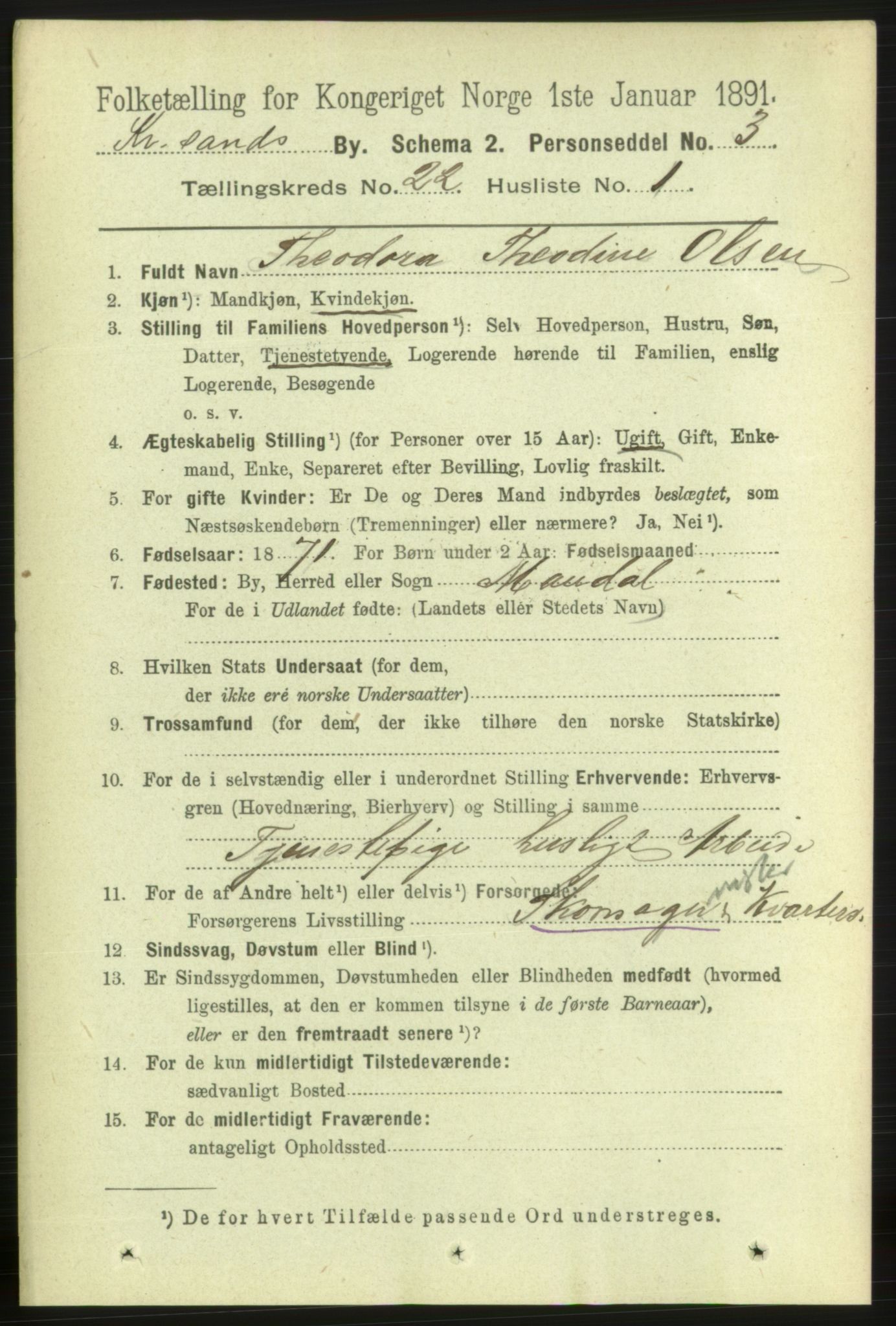 RA, 1891 census for 1001 Kristiansand, 1891, p. 8268