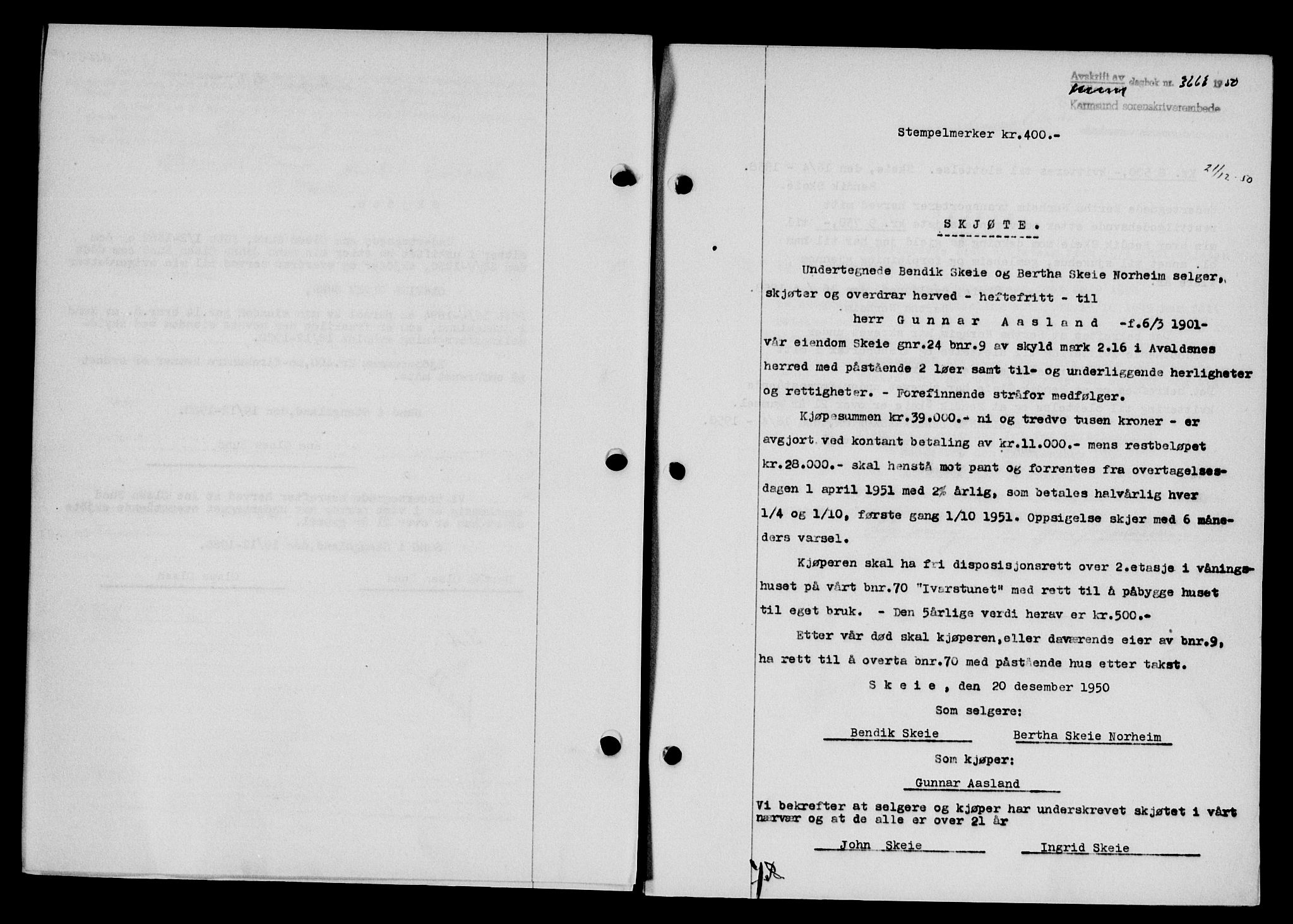 Karmsund sorenskriveri, AV/SAST-A-100311/01/II/IIB/L0101: Mortgage book no. 81A, 1950-1951, Diary no: : 3663/1950