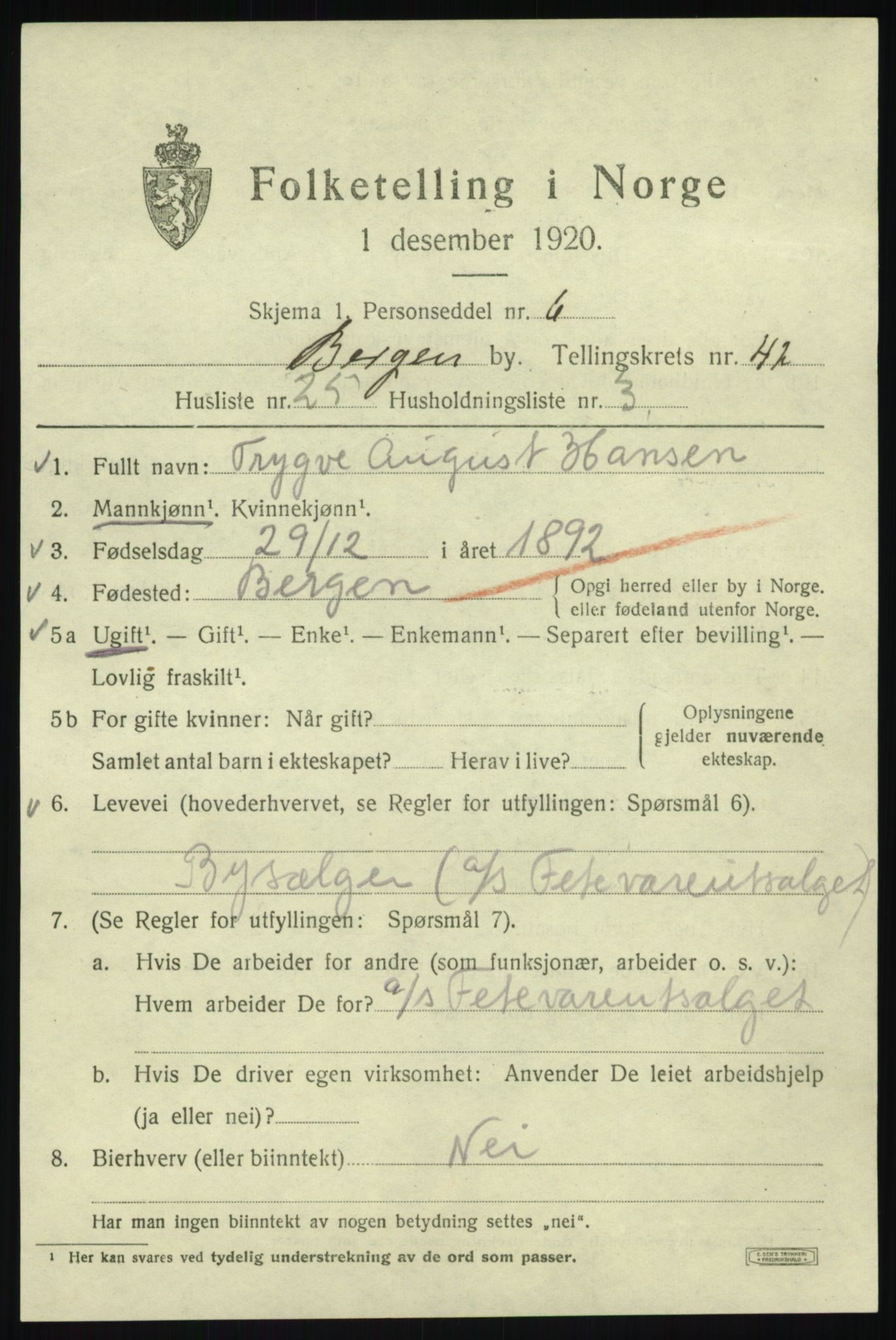 SAB, 1920 census for Bergen, 1920, p. 110409