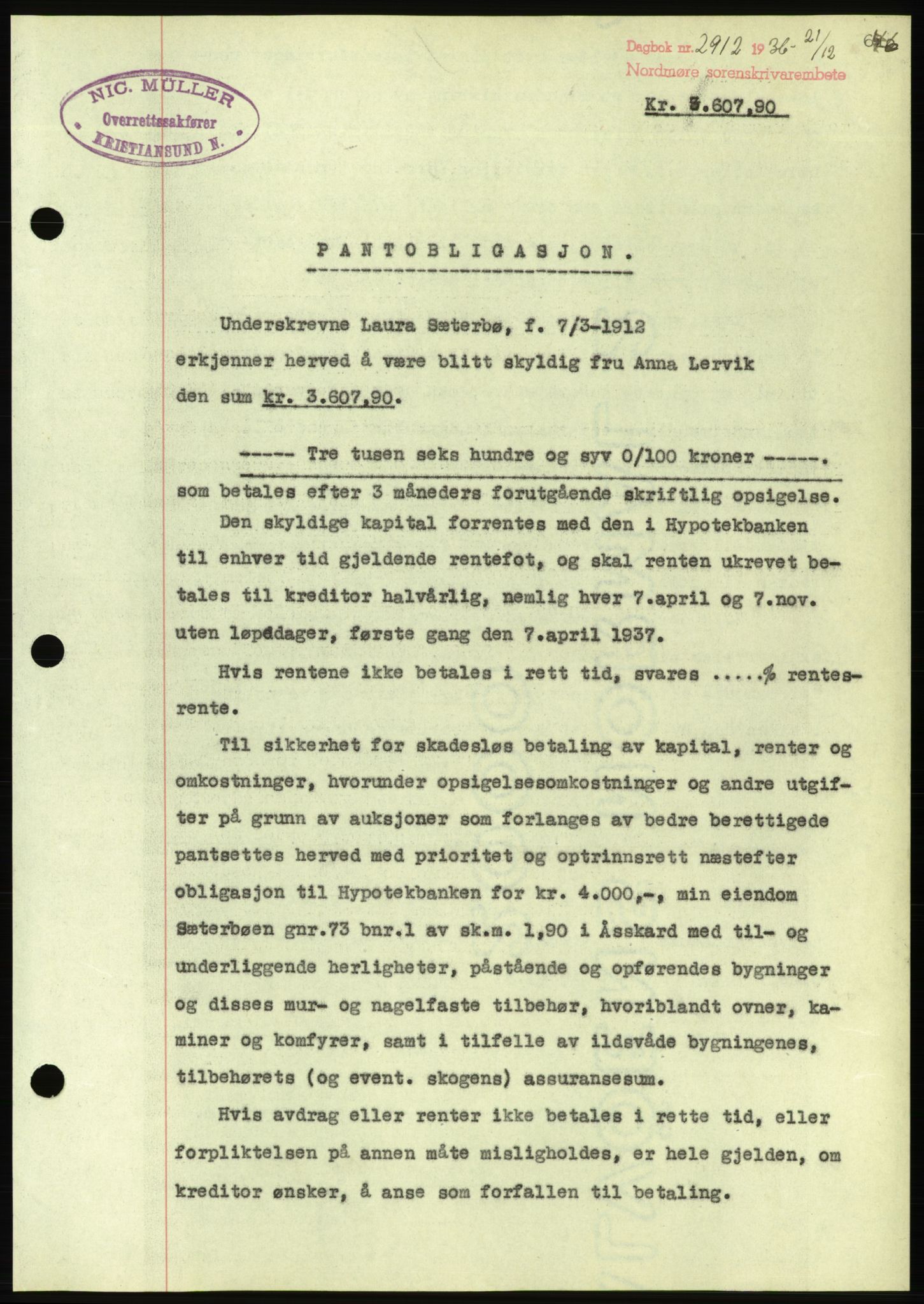 Nordmøre sorenskriveri, AV/SAT-A-4132/1/2/2Ca/L0090: Mortgage book no. B80, 1936-1937, Diary no: : 2912/1936