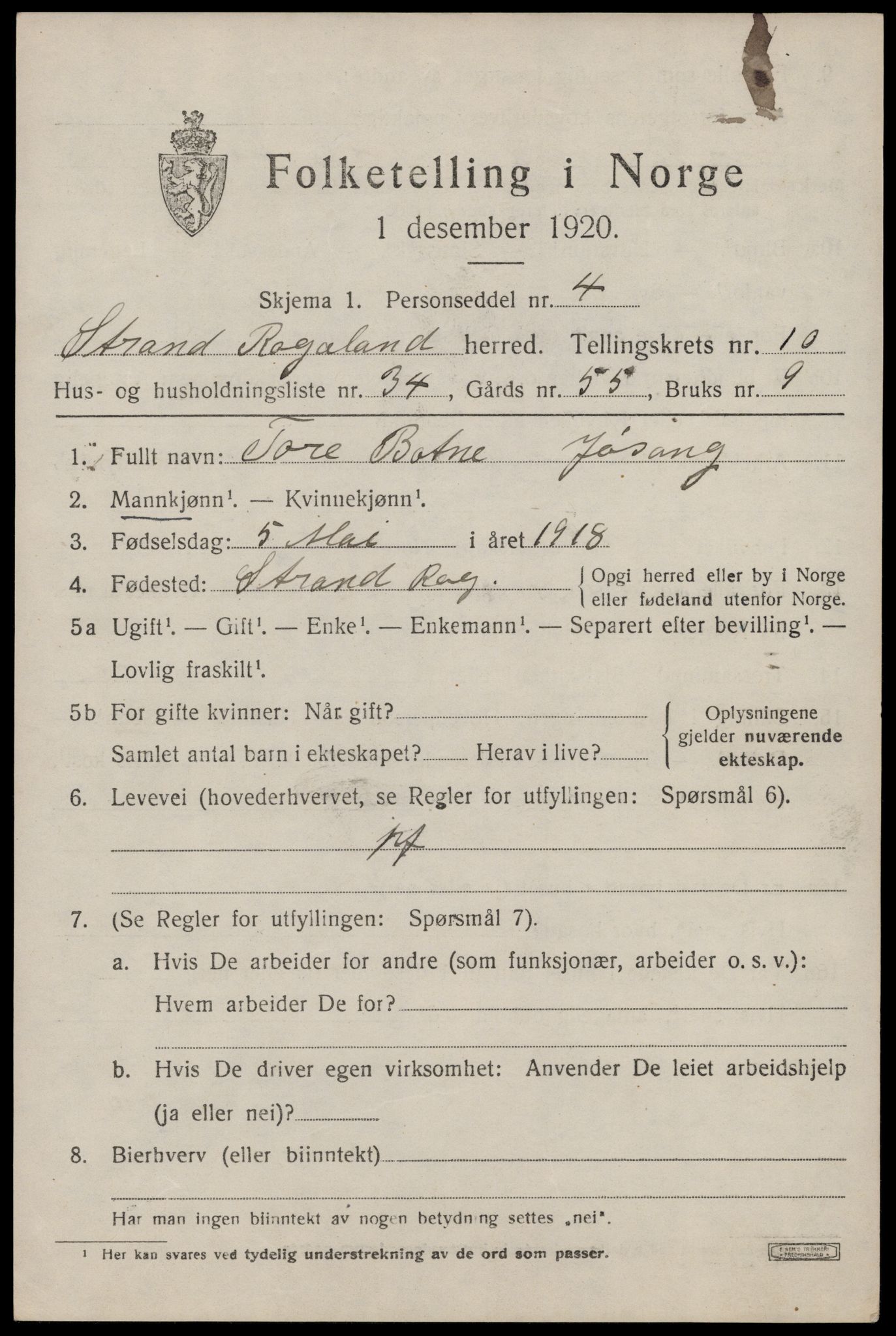 SAST, 1920 census for Strand, 1920, p. 7035