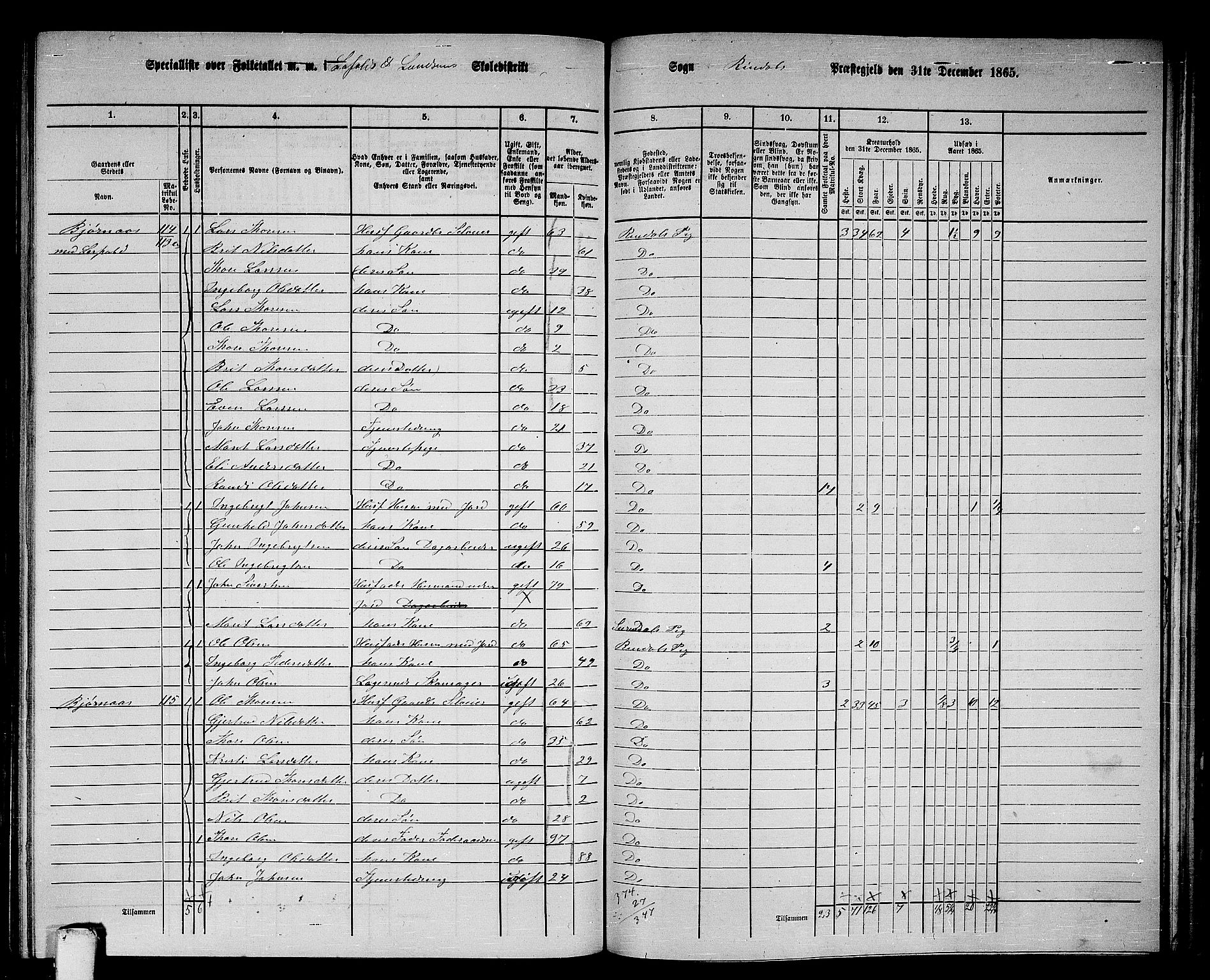 RA, 1865 census for Rindal, 1865, p. 61