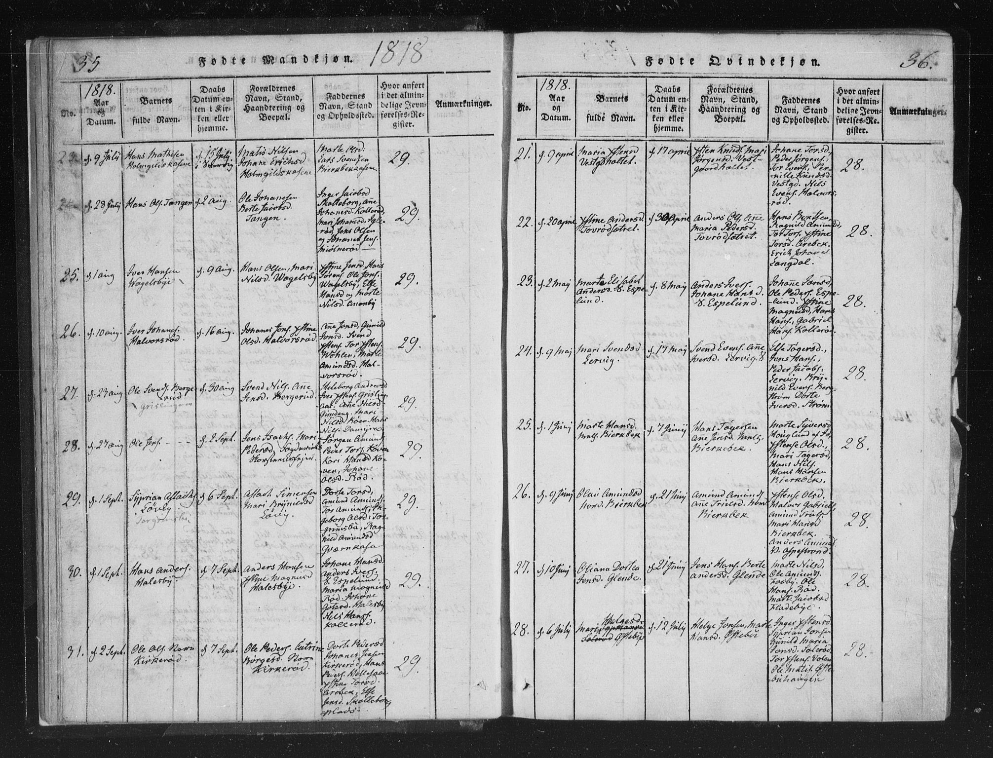 Aremark prestekontor Kirkebøker, AV/SAO-A-10899/F/Fc/L0001: Parish register (official) no. III 1, 1814-1834, p. 35-36