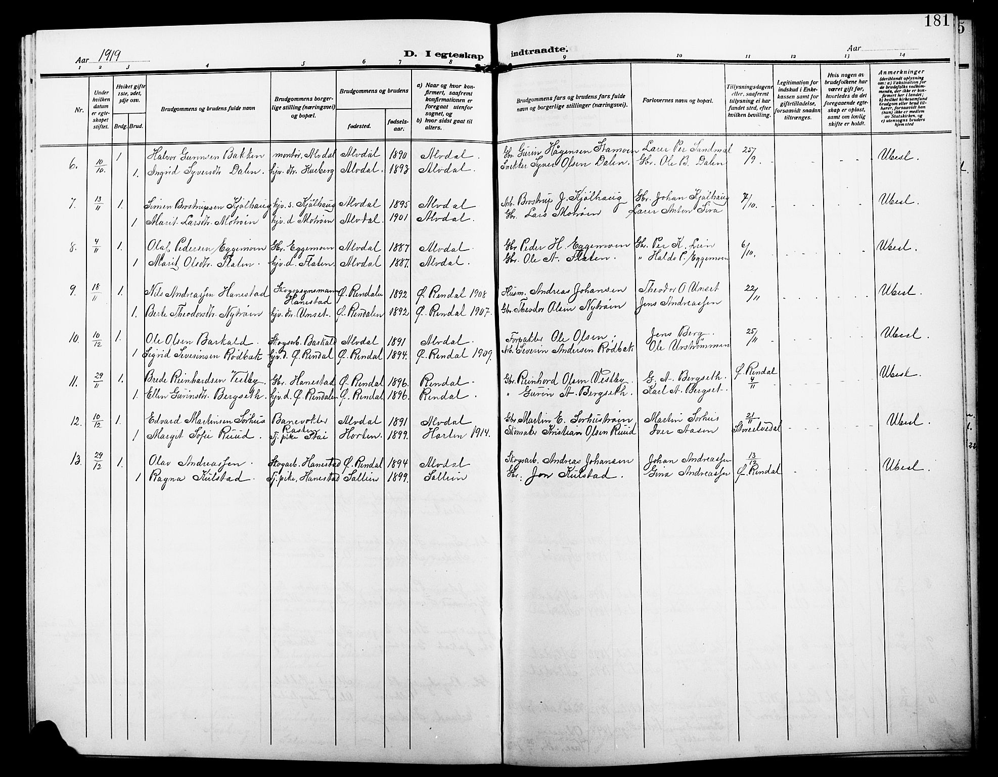 Alvdal prestekontor, SAH/PREST-060/H/Ha/Hab/L0005: Parish register (copy) no. 5, 1908-1923, p. 181