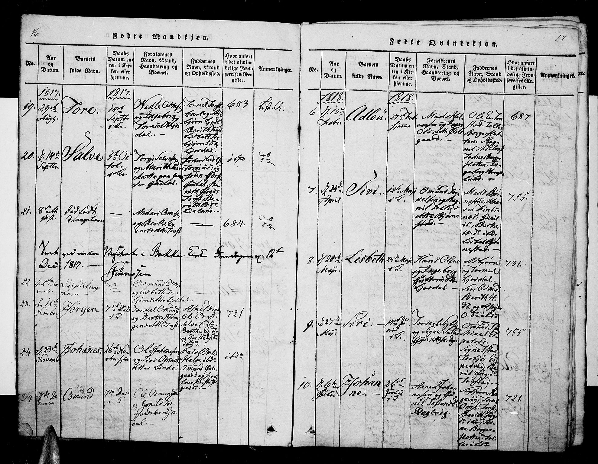 Sirdal sokneprestkontor, AV/SAK-1111-0036/F/Fa/Fab/L0001: Parish register (official) no. A 1, 1815-1834, p. 16-17