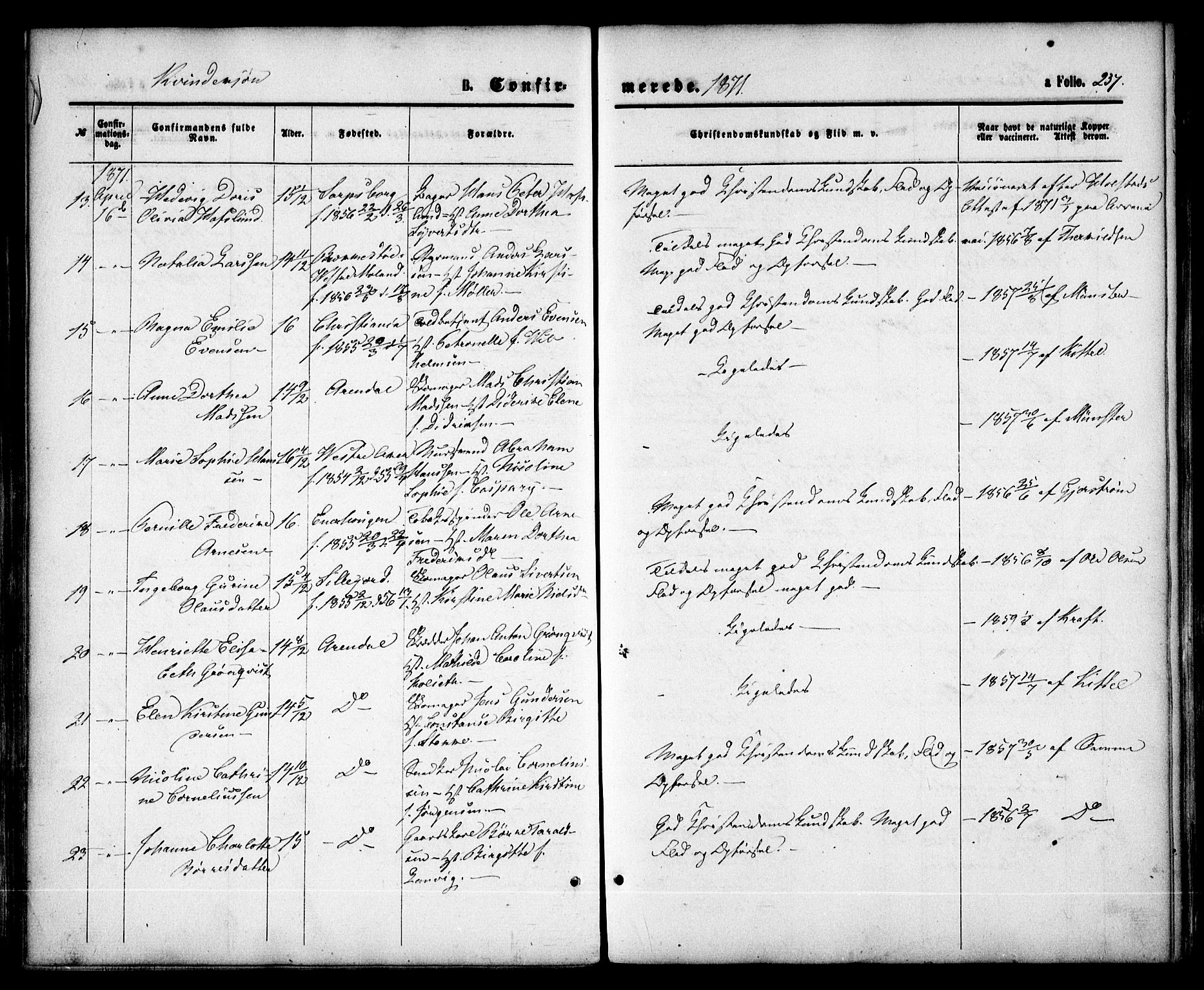 Arendal sokneprestkontor, Trefoldighet, SAK/1111-0040/F/Fa/L0007: Parish register (official) no. A 7, 1868-1878, p. 237