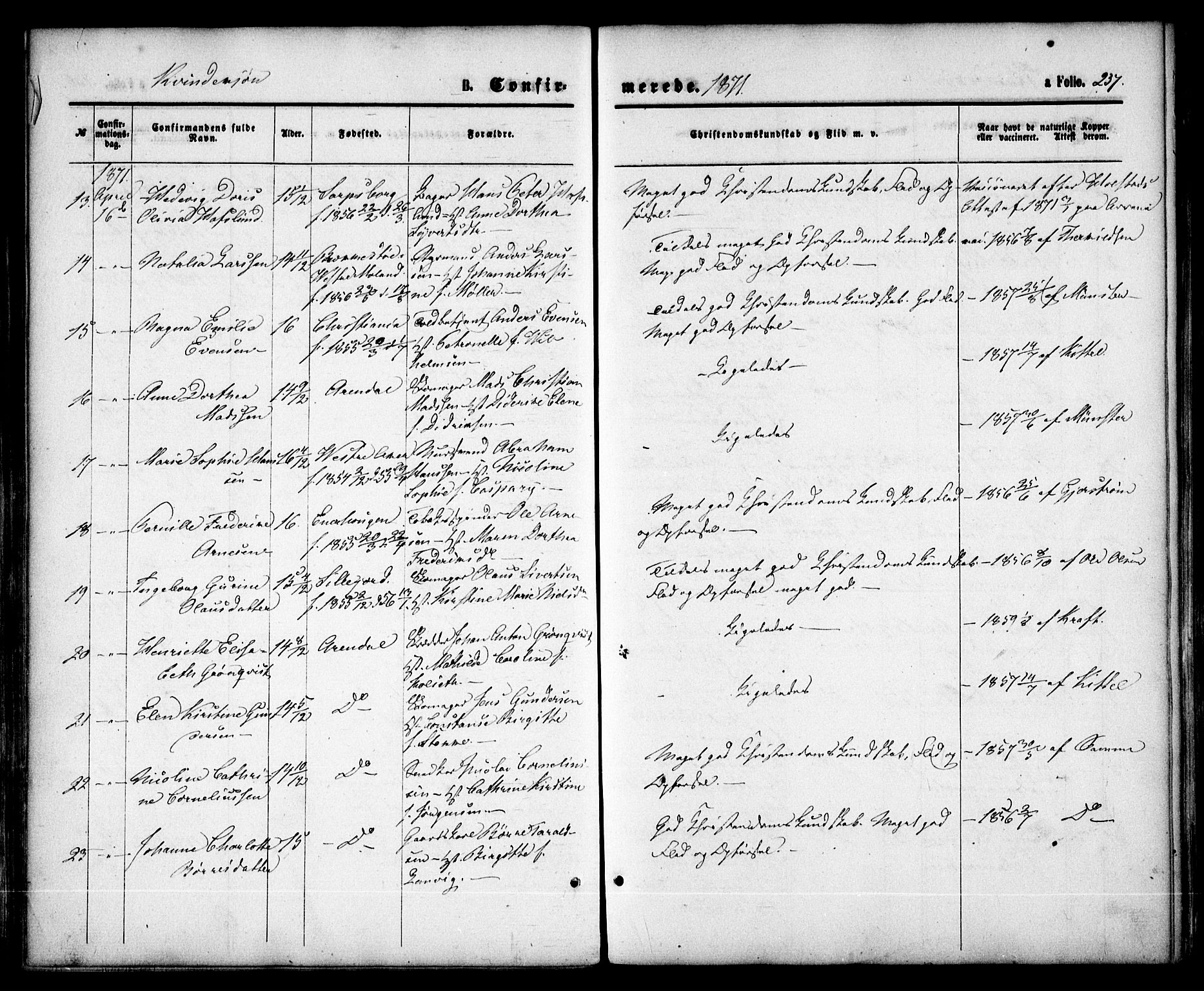Arendal sokneprestkontor, Trefoldighet, AV/SAK-1111-0040/F/Fa/L0007: Parish register (official) no. A 7, 1868-1878, p. 237