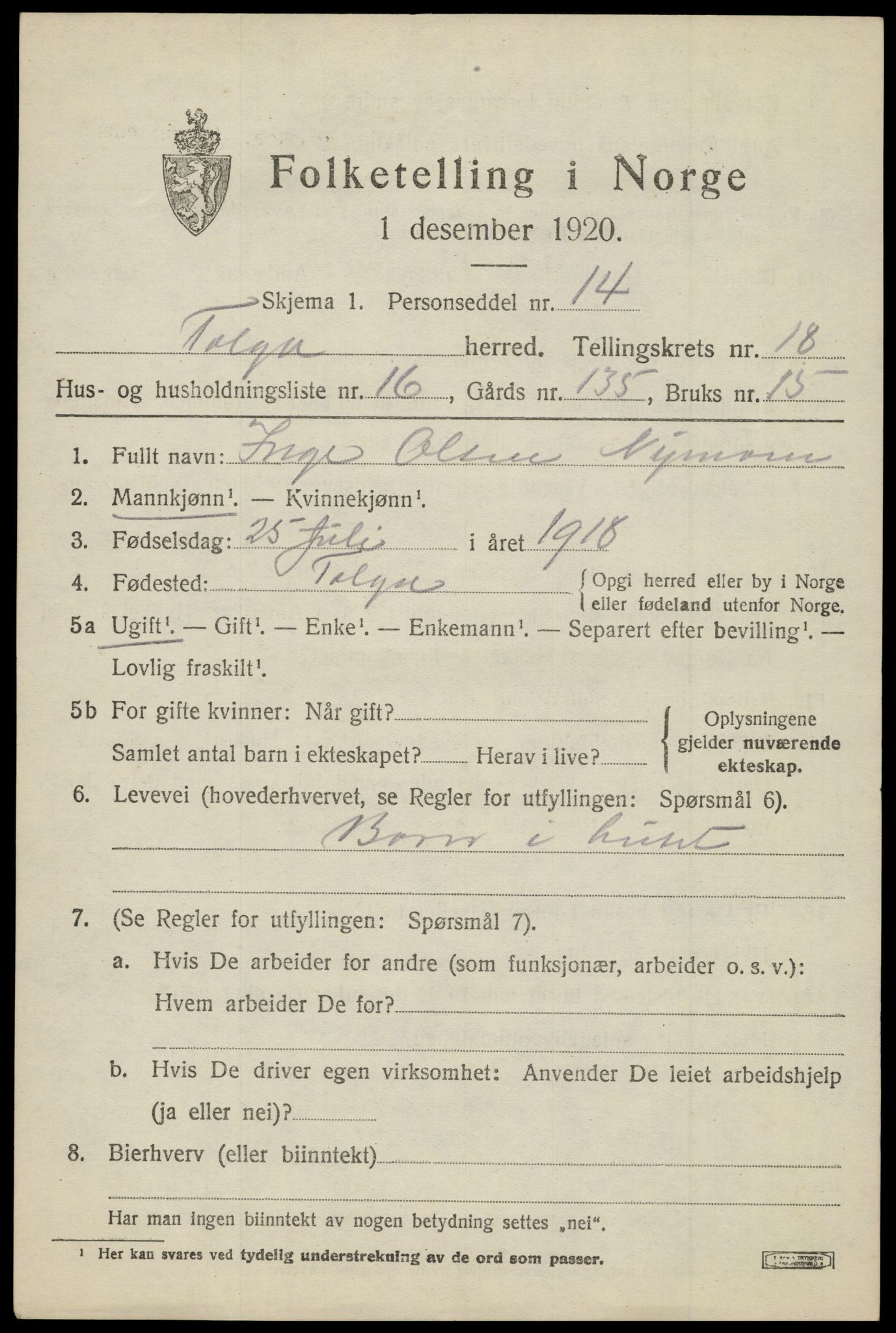 SAH, 1920 census for Tolga, 1920, p. 8453