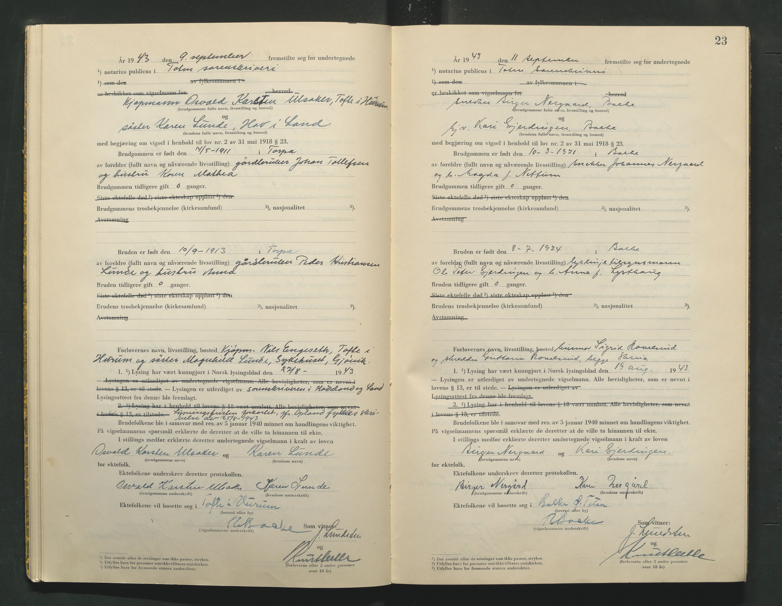Toten tingrett, AV/SAH-TING-006/L/Lc/L0003: Vigselbok, 1943-1944, p. 23