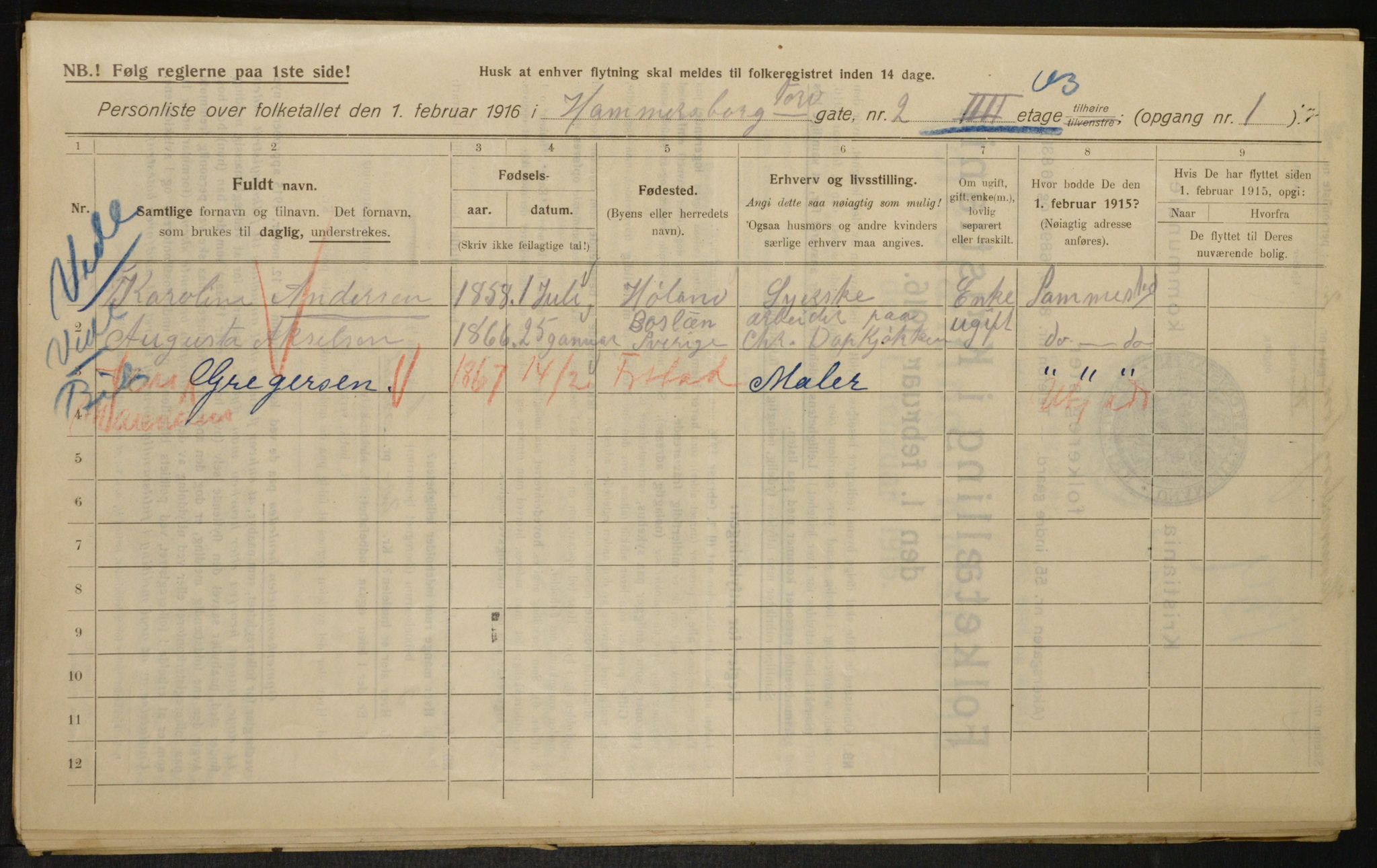 OBA, Municipal Census 1916 for Kristiania, 1916, p. 34992