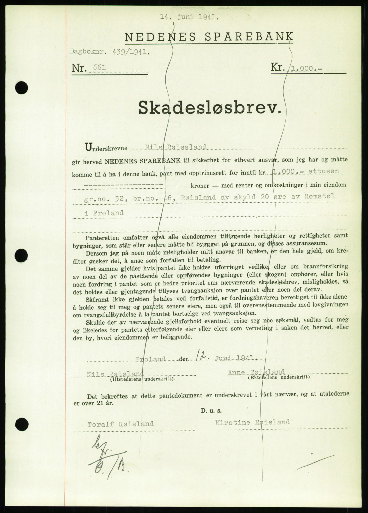 Nedenes sorenskriveri, AV/SAK-1221-0006/G/Gb/Gbb/L0001: Mortgage book no. I, 1939-1942, Diary no: : 439/1941