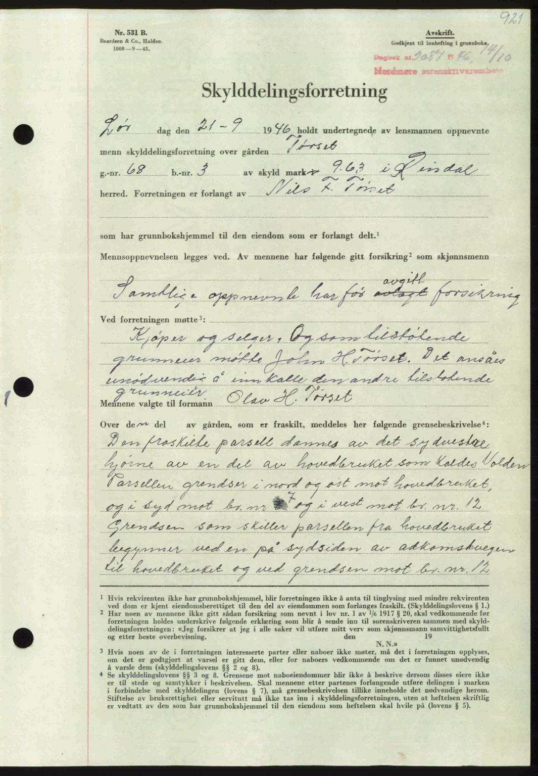 Nordmøre sorenskriveri, AV/SAT-A-4132/1/2/2Ca: Mortgage book no. A102, 1946-1946, Diary no: : 2087/1946