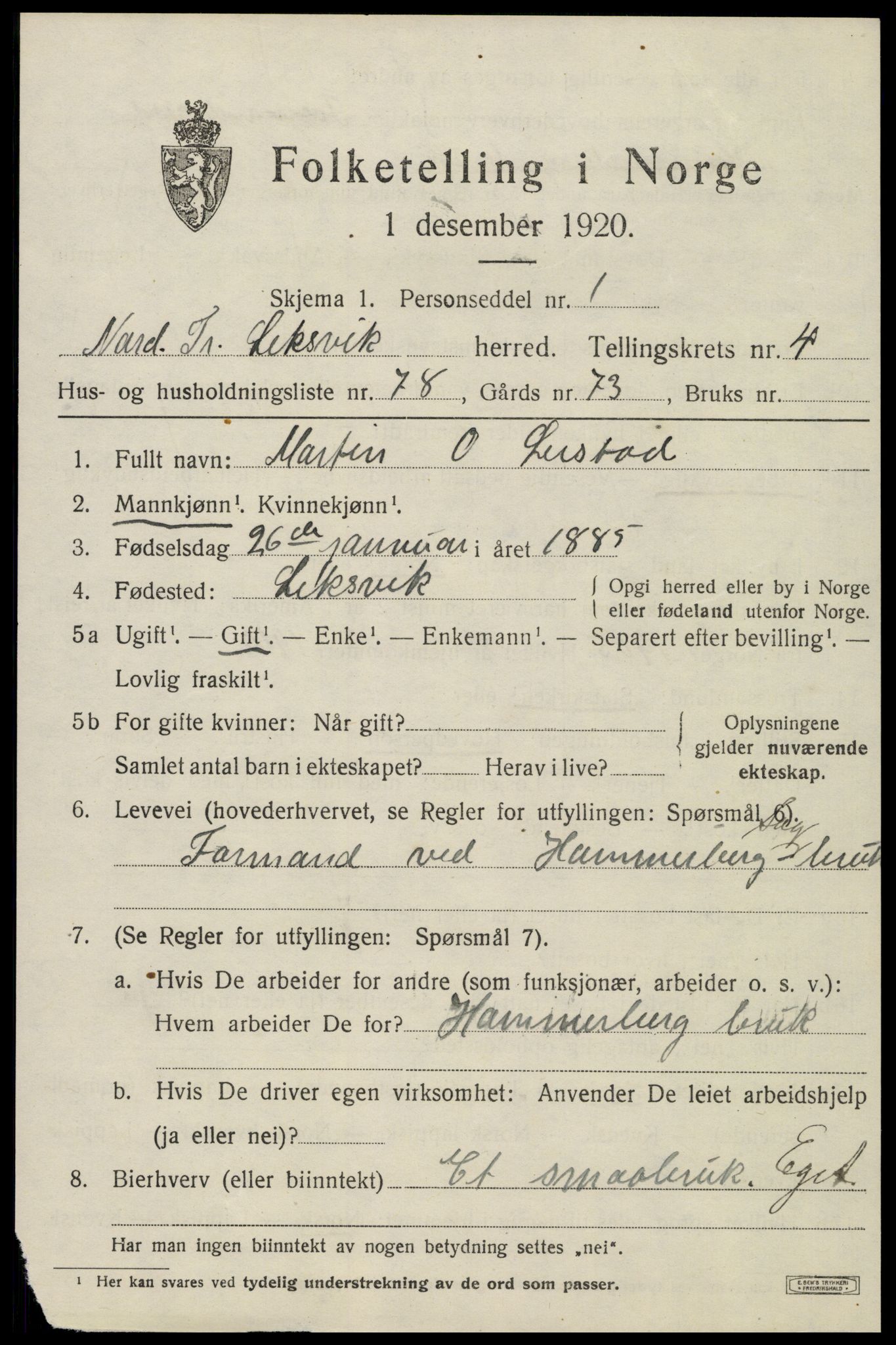 SAT, 1920 census for Leksvik, 1920, p. 4496