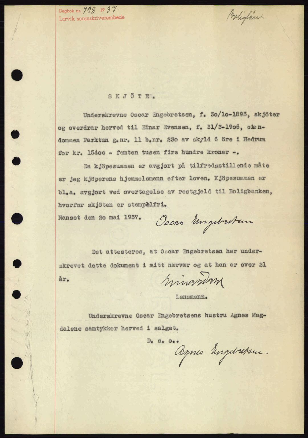 Larvik sorenskriveri, SAKO/A-83/G/Ga/Gab/L0067: Mortgage book no. A-1, 1936-1937, Diary no: : 798/1937