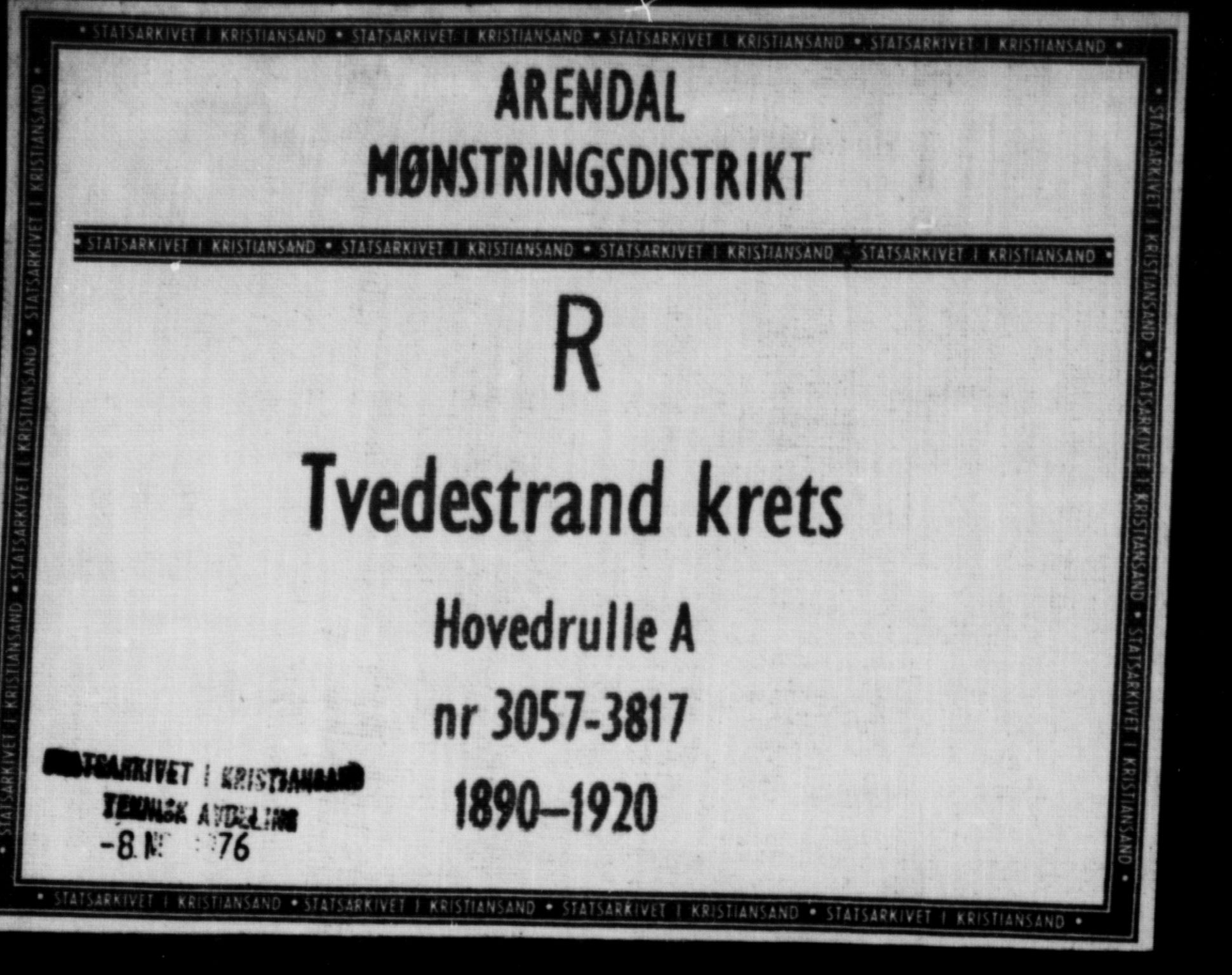 Tvedestrand mønstringskrets, AV/SAK-2031-0011/F/Fb/L0005: Hovedrulle A nr 3057-3817, R-6, 1890-1920, p. 1