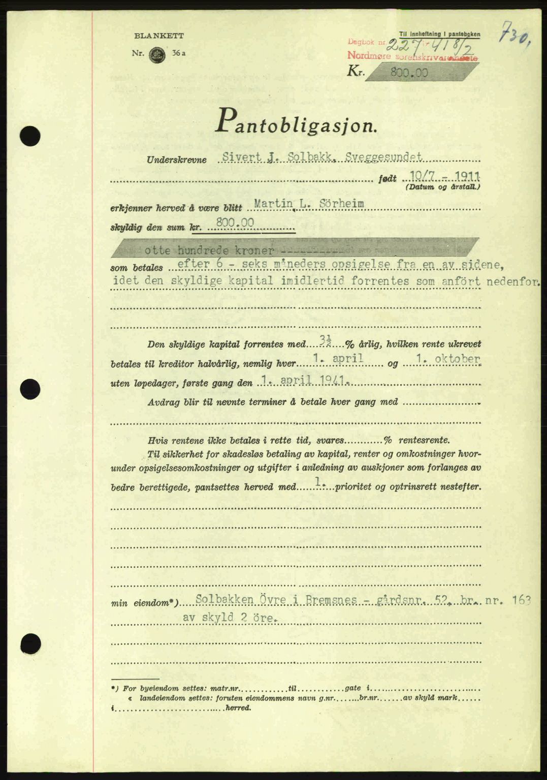 Nordmøre sorenskriveri, AV/SAT-A-4132/1/2/2Ca: Mortgage book no. B87, 1940-1941, Diary no: : 227/1941