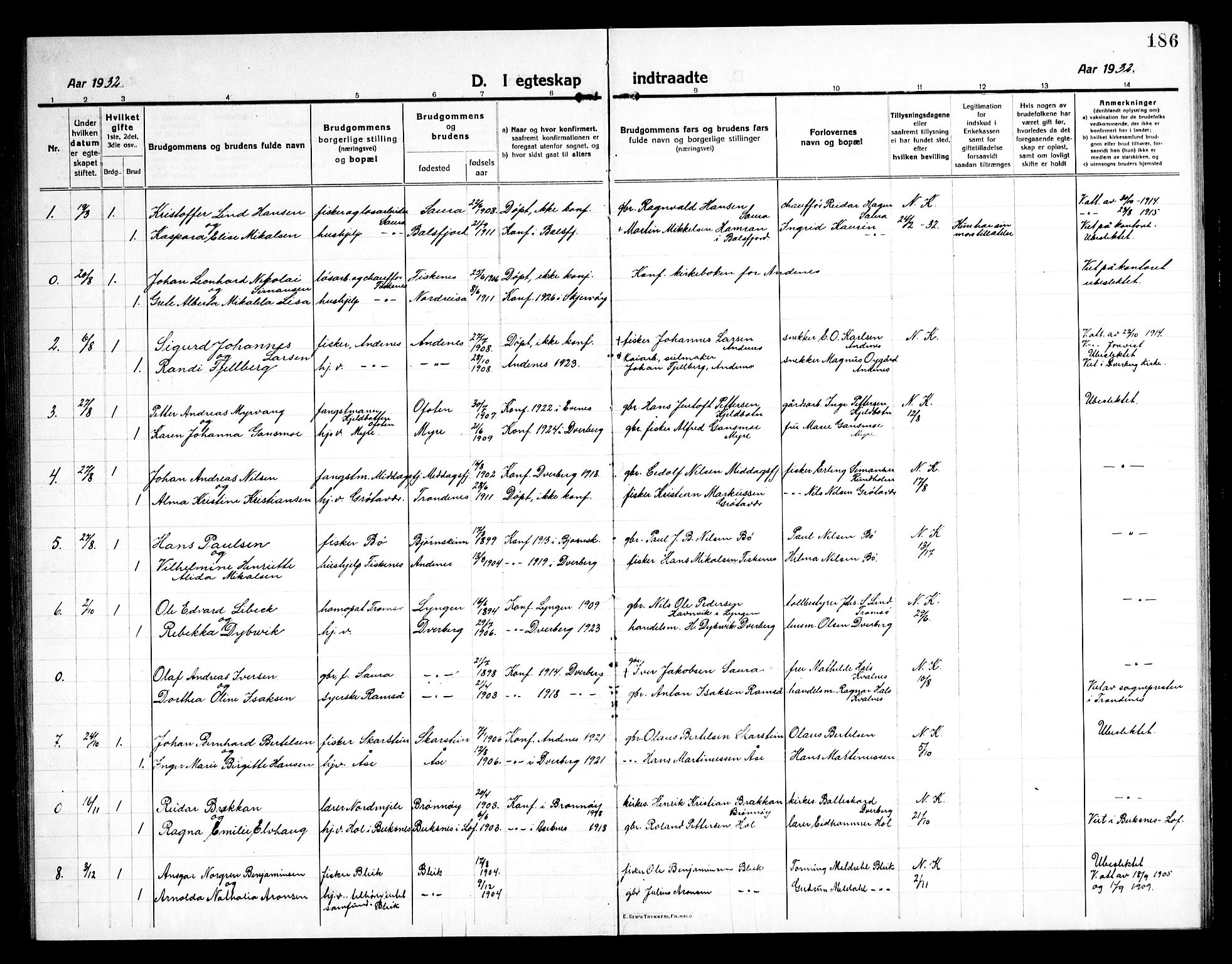 Ministerialprotokoller, klokkerbøker og fødselsregistre - Nordland, AV/SAT-A-1459/897/L1415: Parish register (copy) no. 897C05, 1916-1945, p. 186