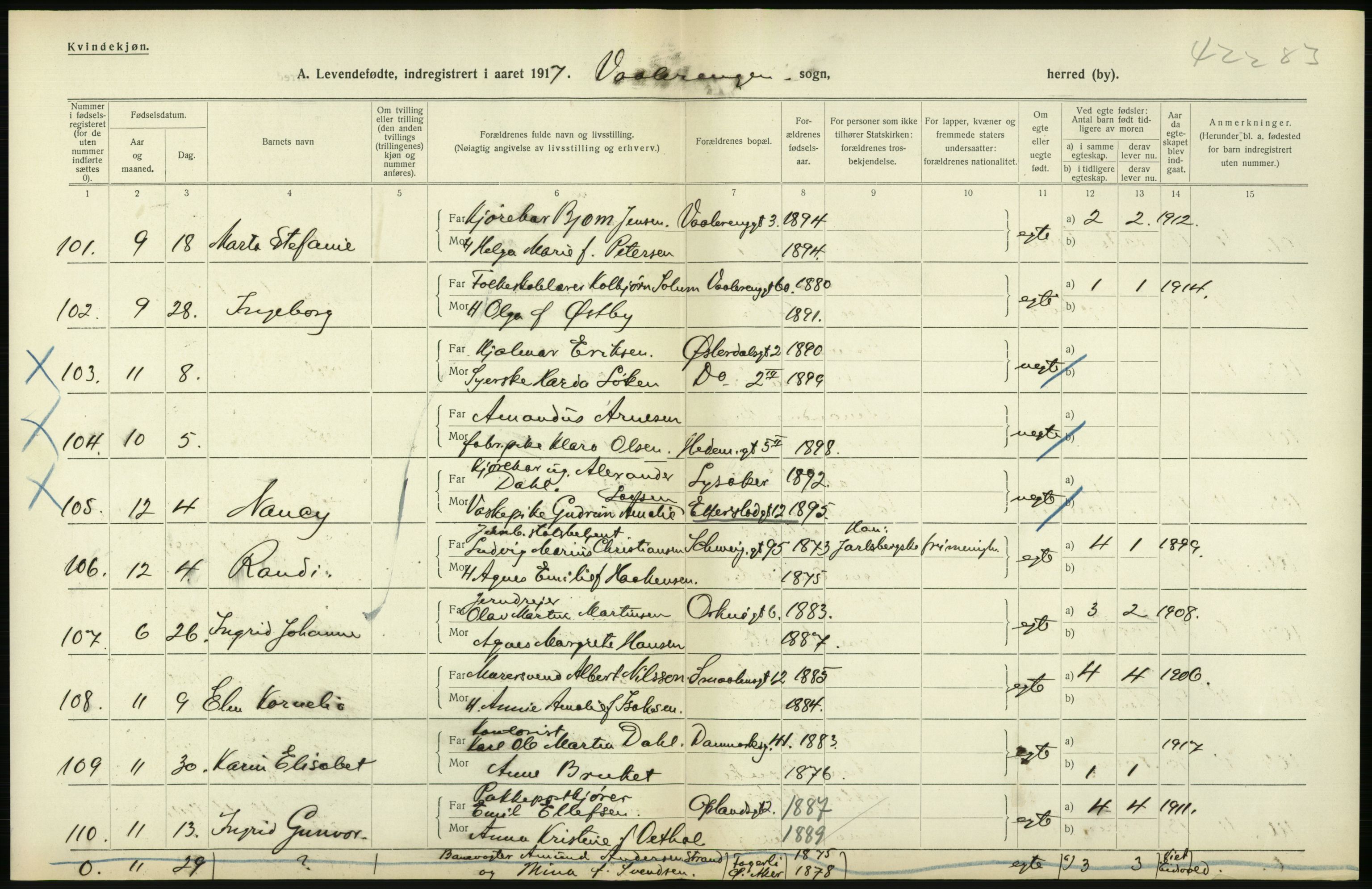 Statistisk sentralbyrå, Sosiodemografiske emner, Befolkning, AV/RA-S-2228/D/Df/Dfb/Dfbg/L0006: Kristiania: Levendefødte menn og kvinner., 1917, p. 372