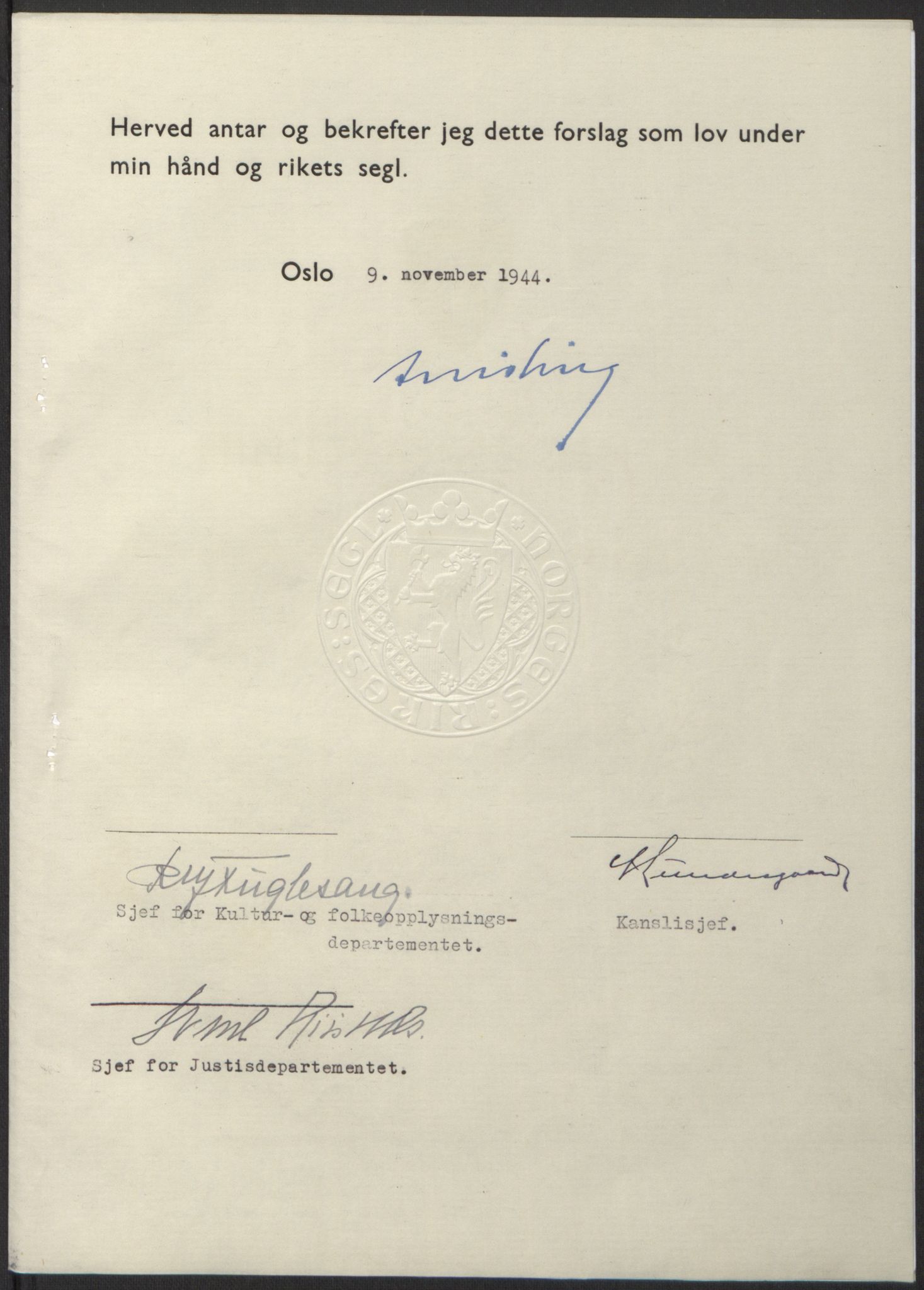 NS-administrasjonen 1940-1945 (Statsrådsekretariatet, de kommisariske statsråder mm), RA/S-4279/D/Db/L0100: Lover, 1944, p. 569