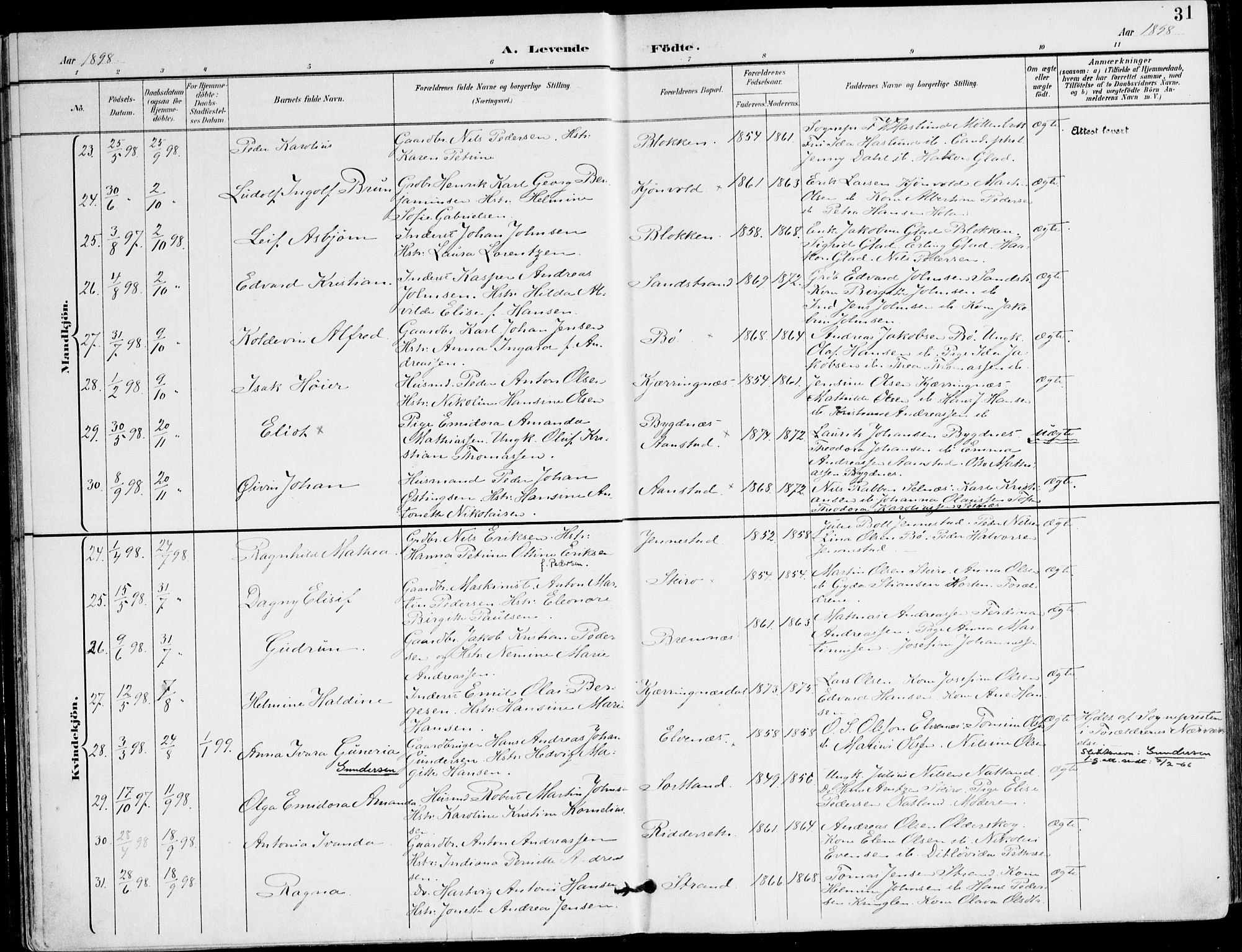 Ministerialprotokoller, klokkerbøker og fødselsregistre - Nordland, AV/SAT-A-1459/895/L1372: Parish register (official) no. 895A07, 1894-1914, p. 31