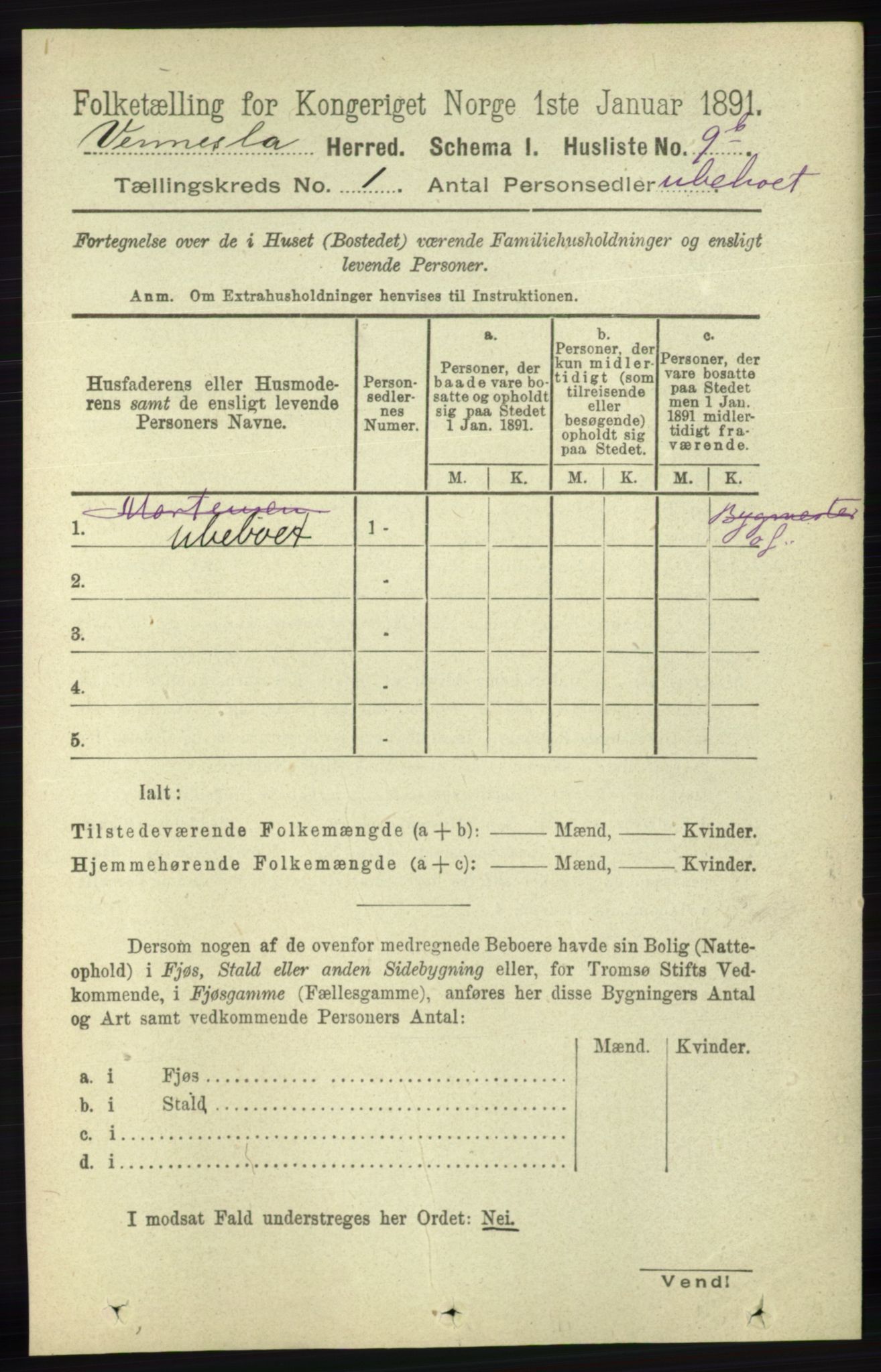 RA, 1891 census for 1014 Vennesla, 1891, p. 26