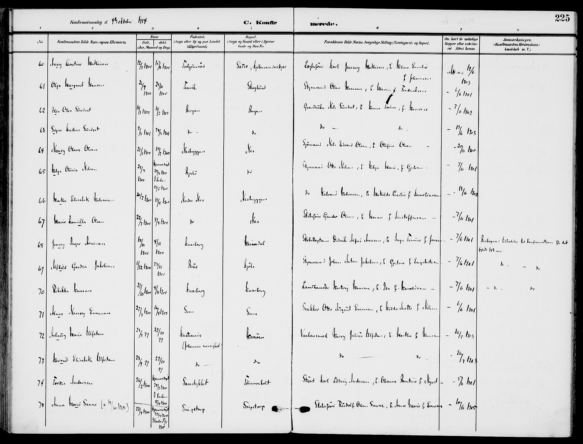 Nøtterøy kirkebøker, AV/SAKO-A-354/F/Fa/L0010: Parish register (official) no. I 10, 1908-1919, p. 225