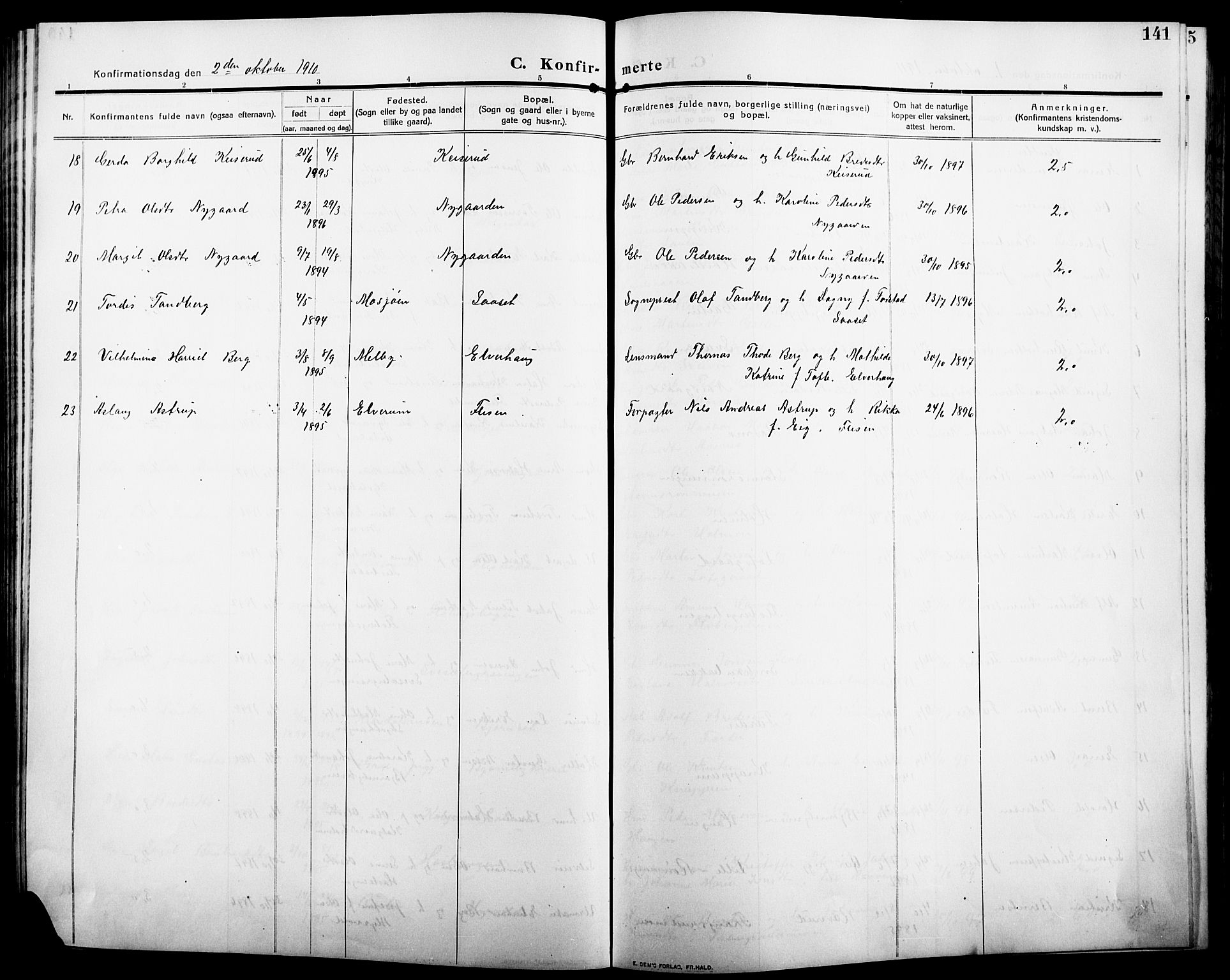 Åsnes prestekontor, SAH/PREST-042/H/Ha/Hab/L0007: Parish register (copy) no. 7, 1909-1926, p. 141