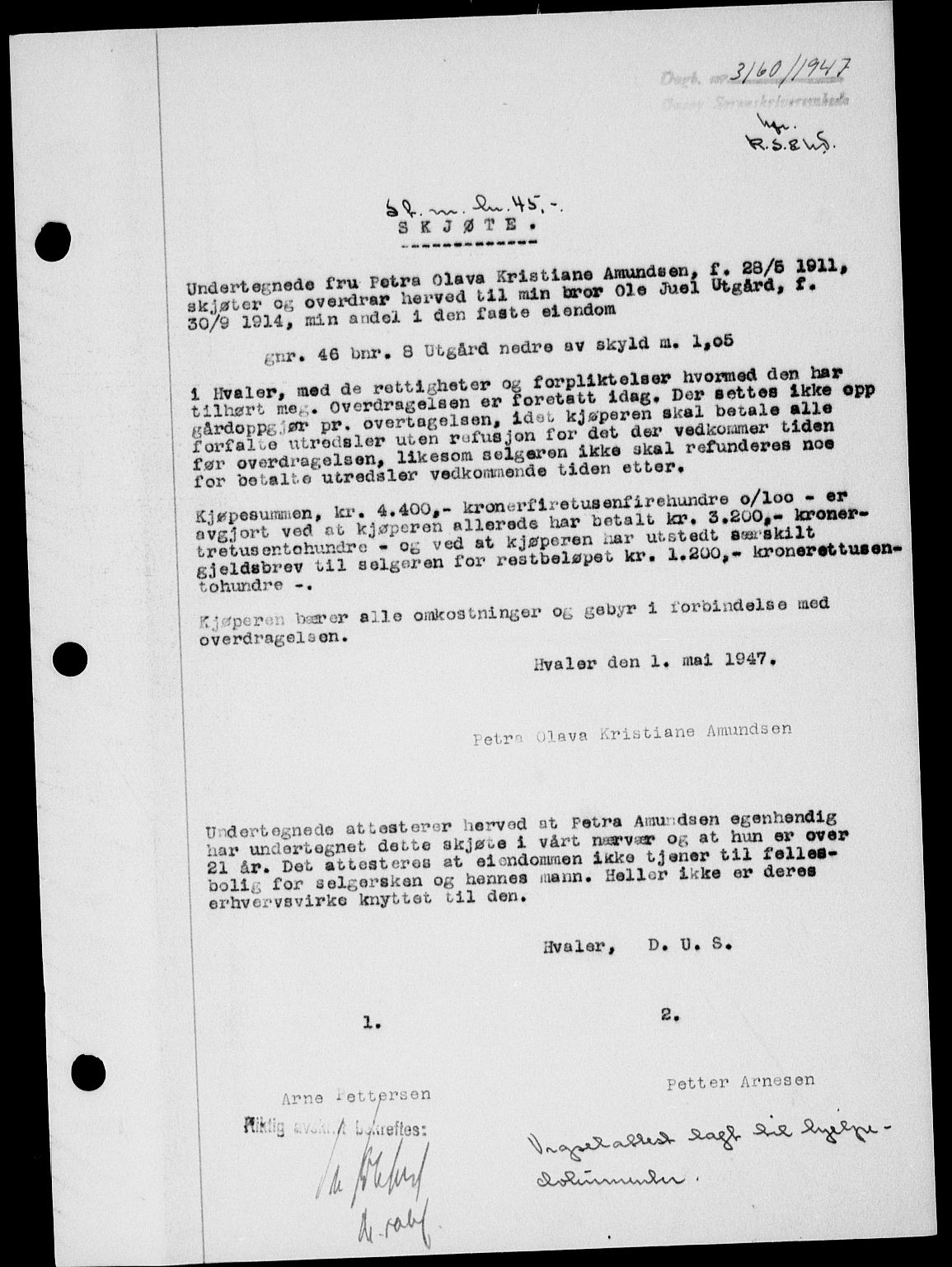 Onsøy sorenskriveri, SAO/A-10474/G/Ga/Gab/L0021: Mortgage book no. II A-21, 1947-1947, Diary no: : 3160/1947