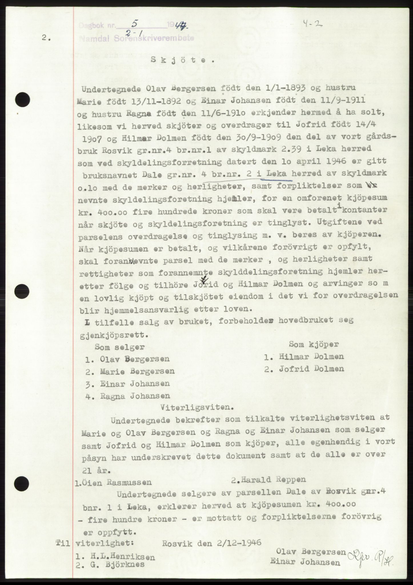 Namdal sorenskriveri, AV/SAT-A-4133/1/2/2C: Mortgage book no. -, 1946-1947, Diary no: : 5/1947