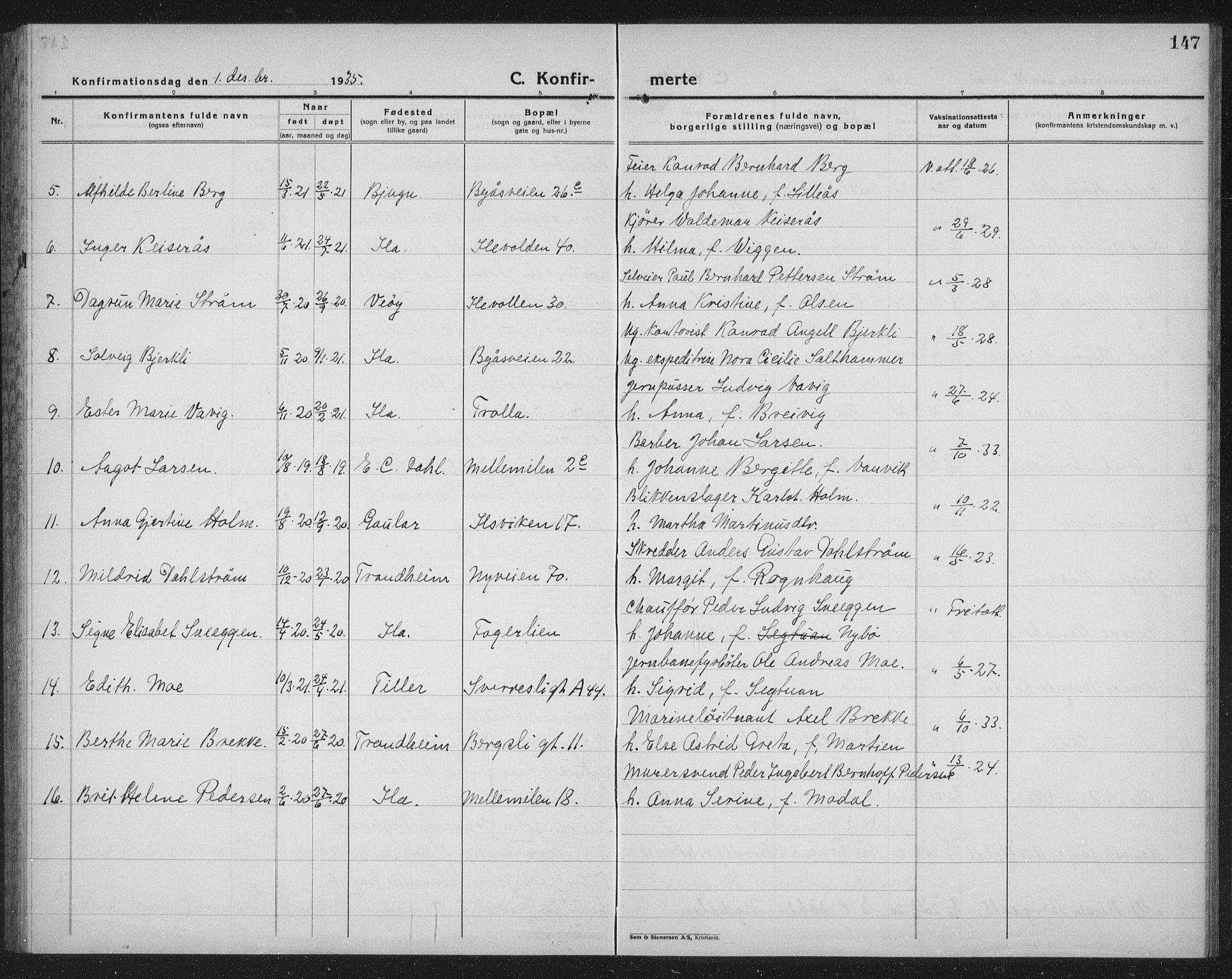 Ministerialprotokoller, klokkerbøker og fødselsregistre - Sør-Trøndelag, SAT/A-1456/603/L0175: Parish register (copy) no. 603C03, 1923-1941, p. 147