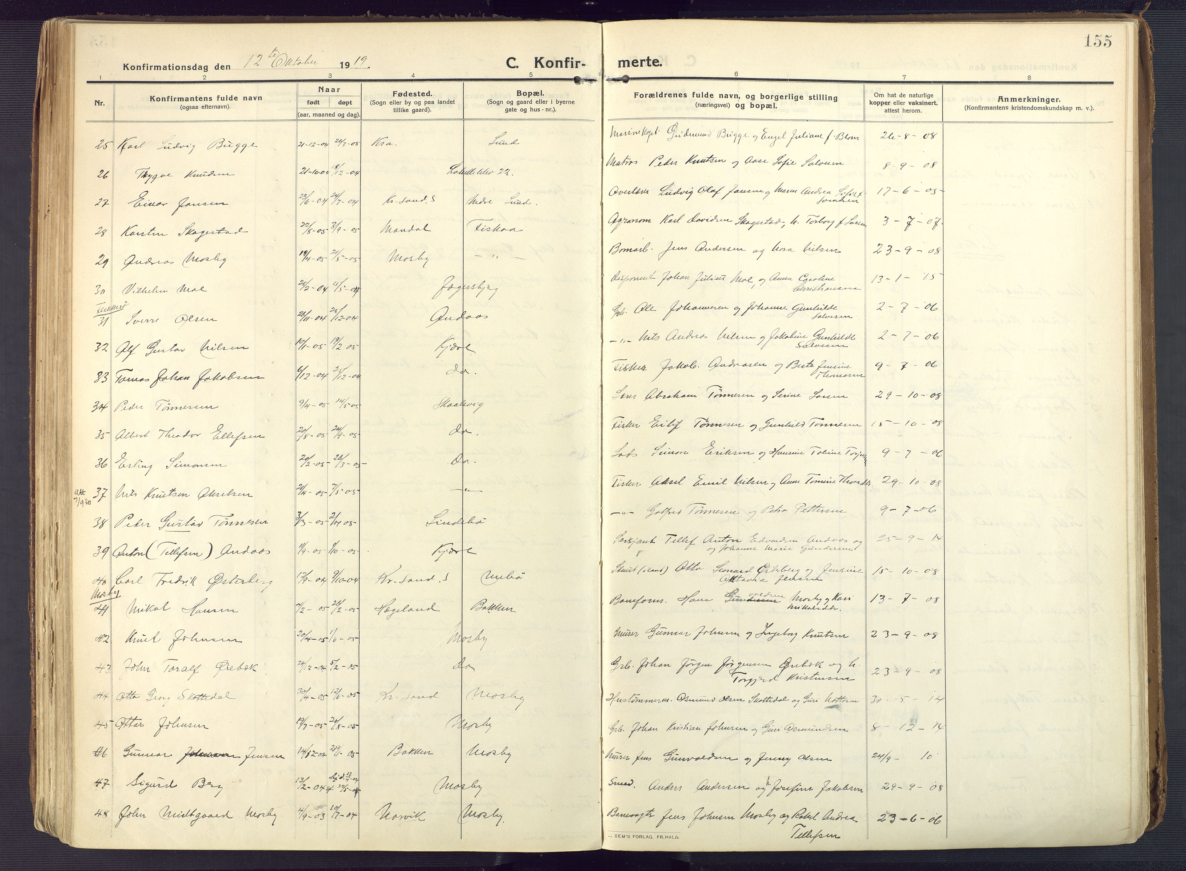 Oddernes sokneprestkontor, AV/SAK-1111-0033/F/Fa/Faa/L0012: Parish register (official) no. A 12, 1912-1925, p. 155