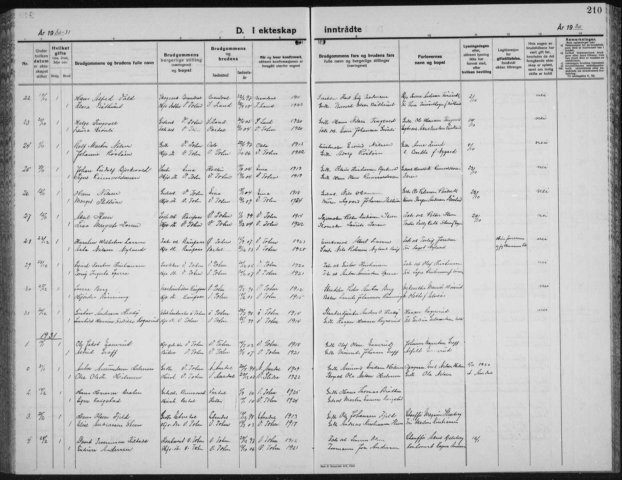 Vestre Toten prestekontor, AV/SAH-PREST-108/H/Ha/Hab/L0018: Parish register (copy) no. 18, 1928-1941, p. 210