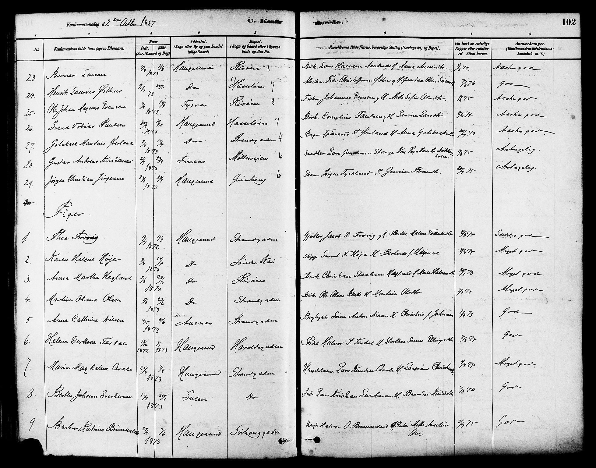Haugesund sokneprestkontor, AV/SAST-A -101863/H/Ha/Haa/L0003: Parish register (official) no. A 3, 1885-1890, p. 102