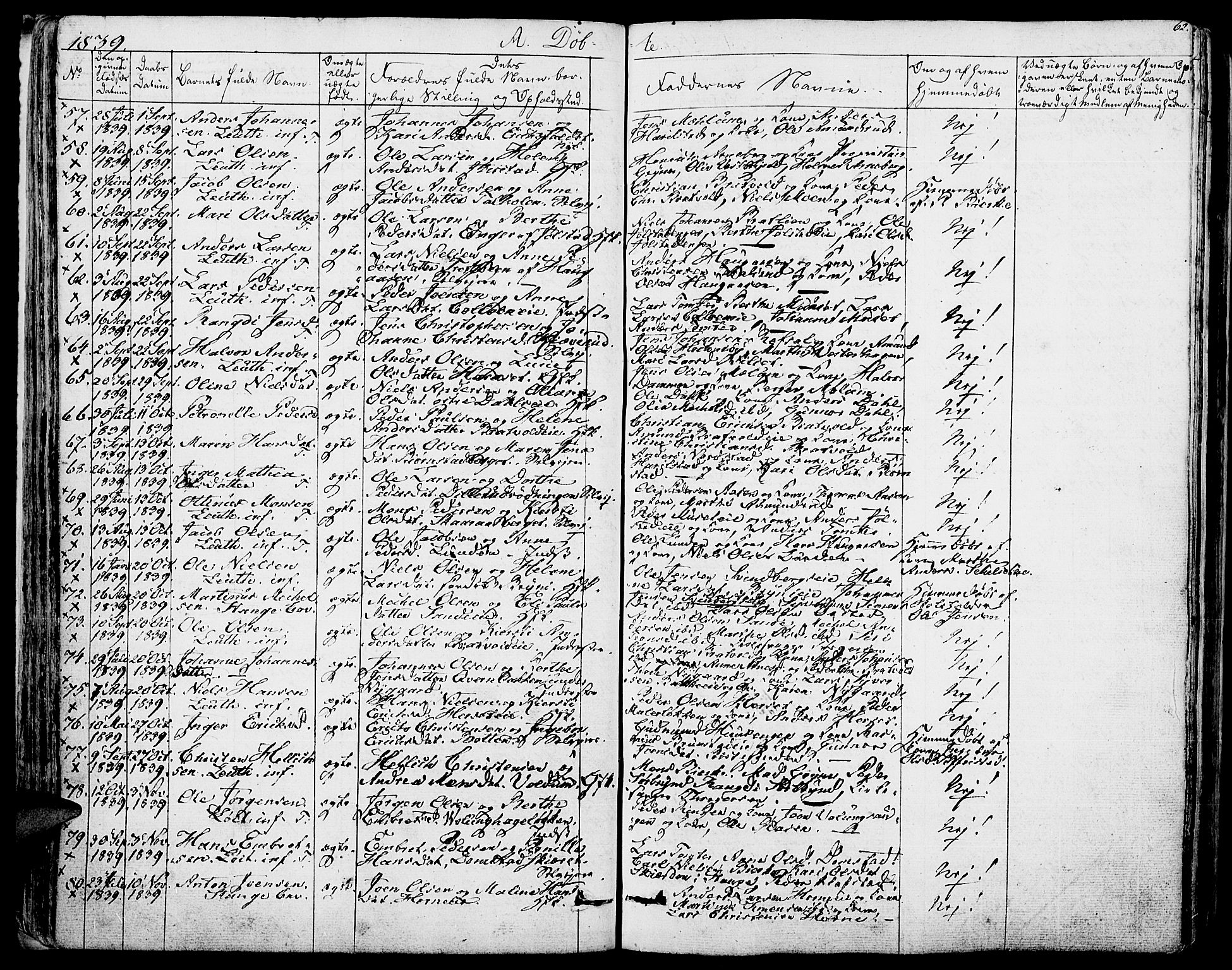 Romedal prestekontor, SAH/PREST-004/K/L0003: Parish register (official) no. 3, 1829-1846, p. 62