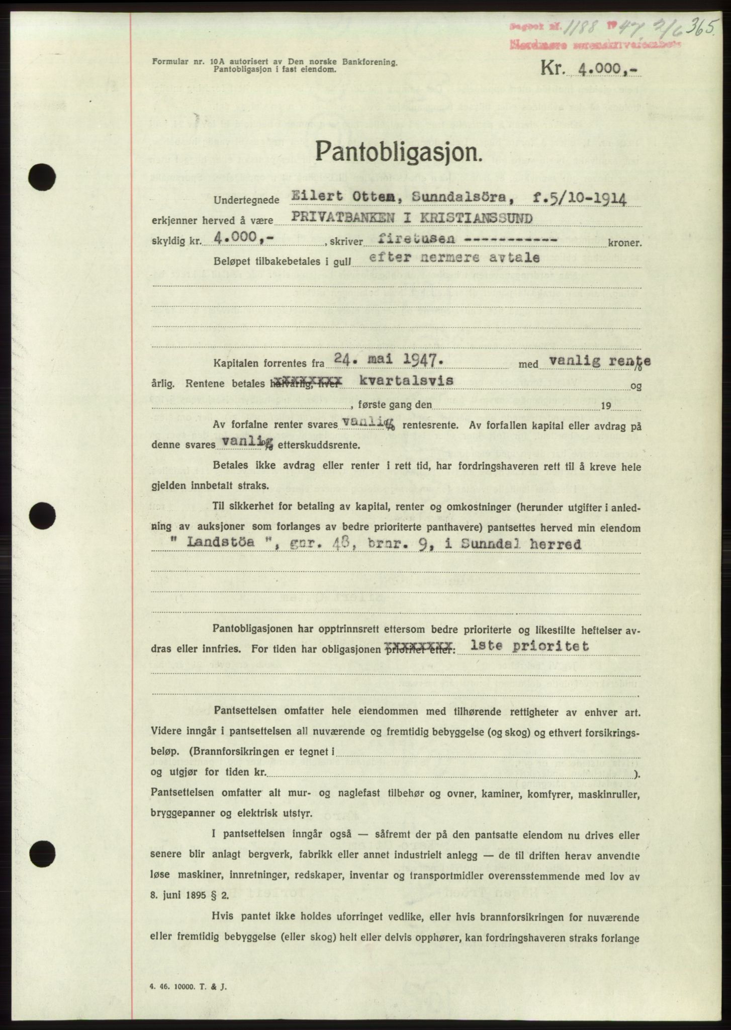 Nordmøre sorenskriveri, AV/SAT-A-4132/1/2/2Ca: Mortgage book no. B96, 1947-1947, Diary no: : 1188/1947