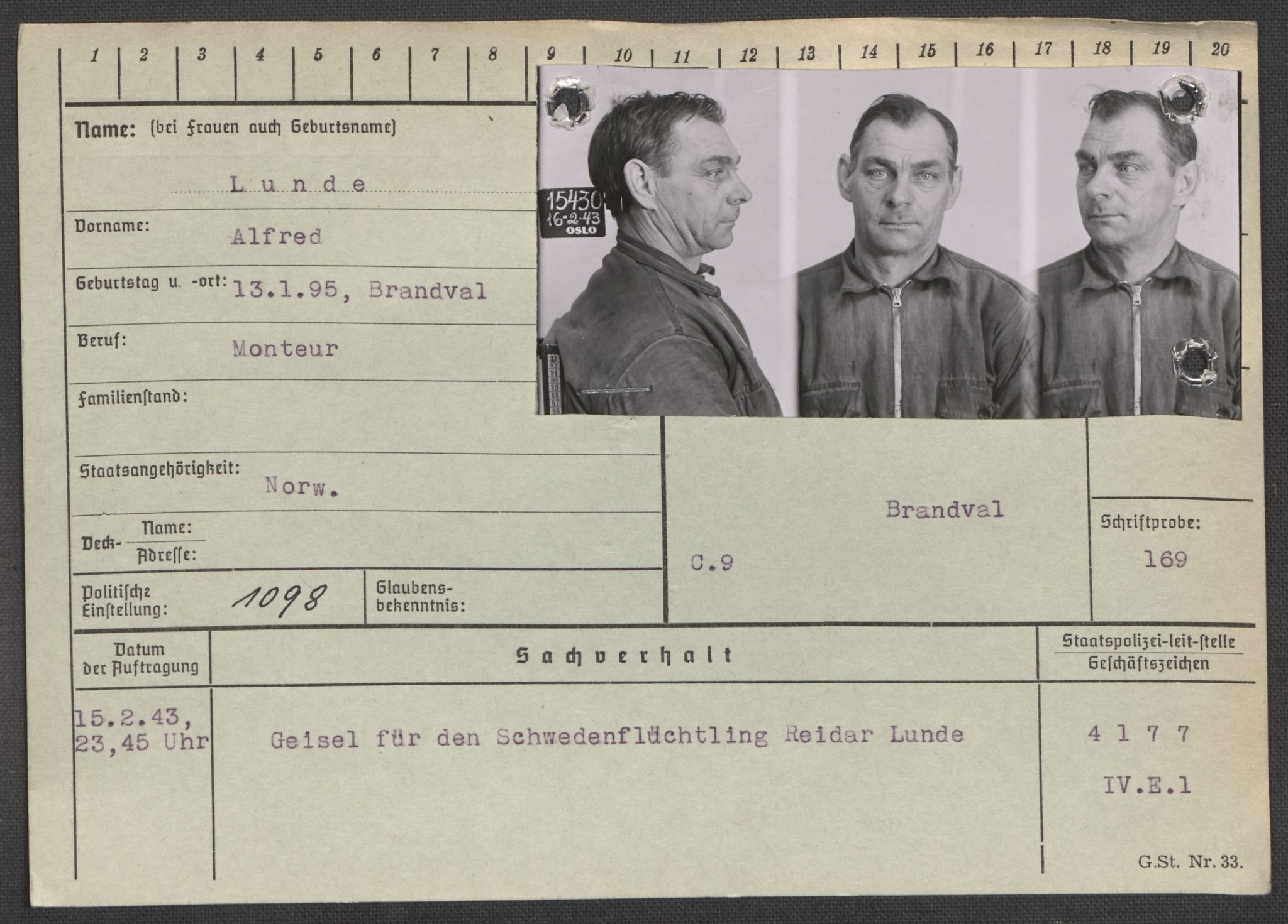 Befehlshaber der Sicherheitspolizei und des SD, AV/RA-RAFA-5969/E/Ea/Eaa/L0007: Register over norske fanger i Møllergata 19: Lundb-N, 1940-1945, p. 6