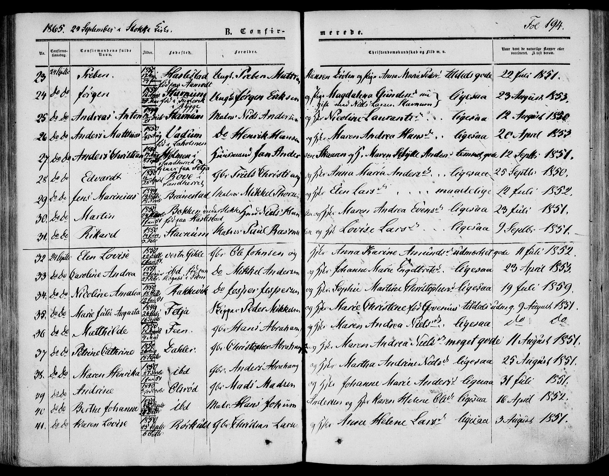 Stokke kirkebøker, AV/SAKO-A-320/F/Fa/L0008: Parish register (official) no. I 8, 1858-1871, p. 194