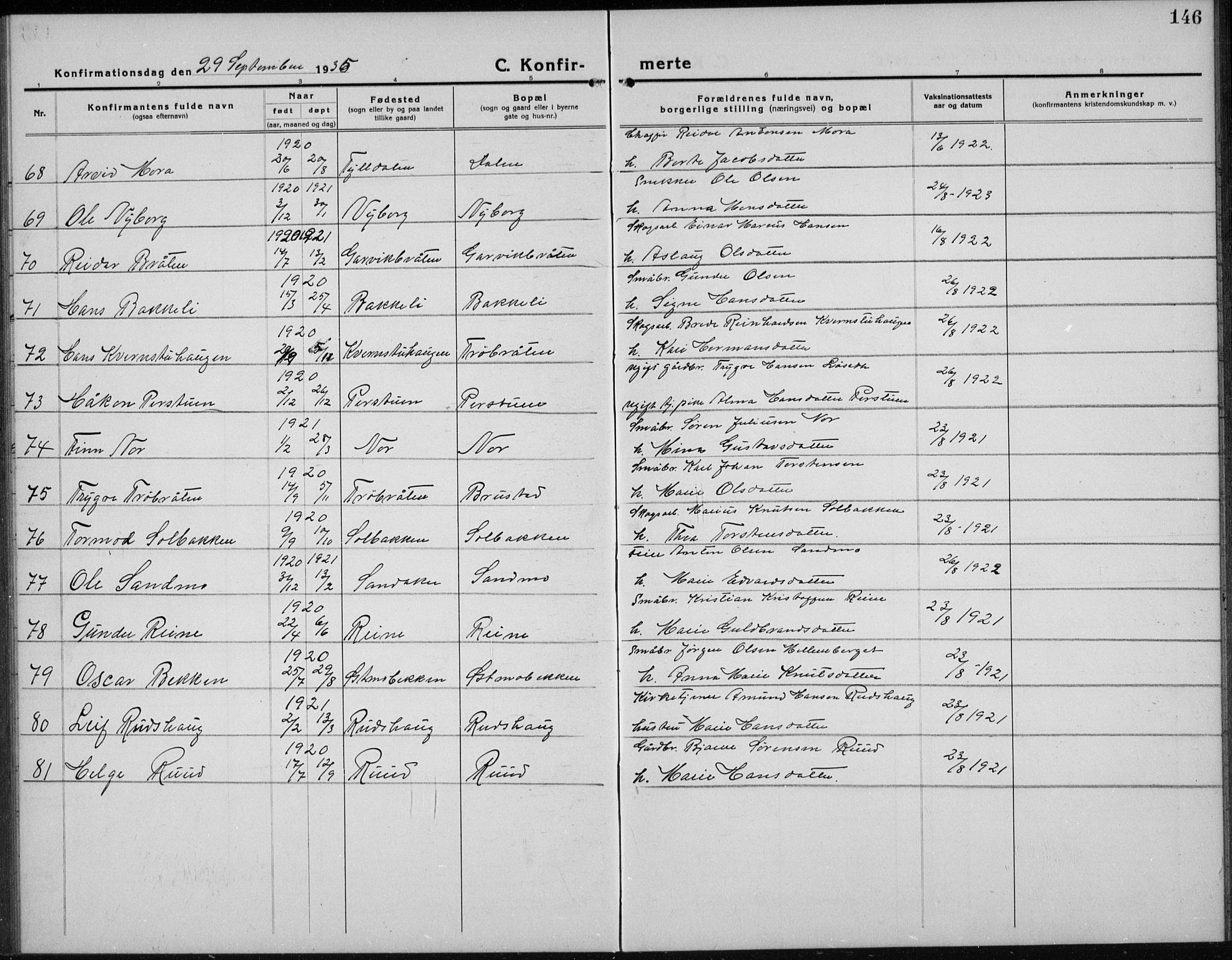 Nord-Odal prestekontor, AV/SAH-PREST-032/H/Ha/Hab/L0004: Parish register (copy) no. 4, 1921-1936, p. 146