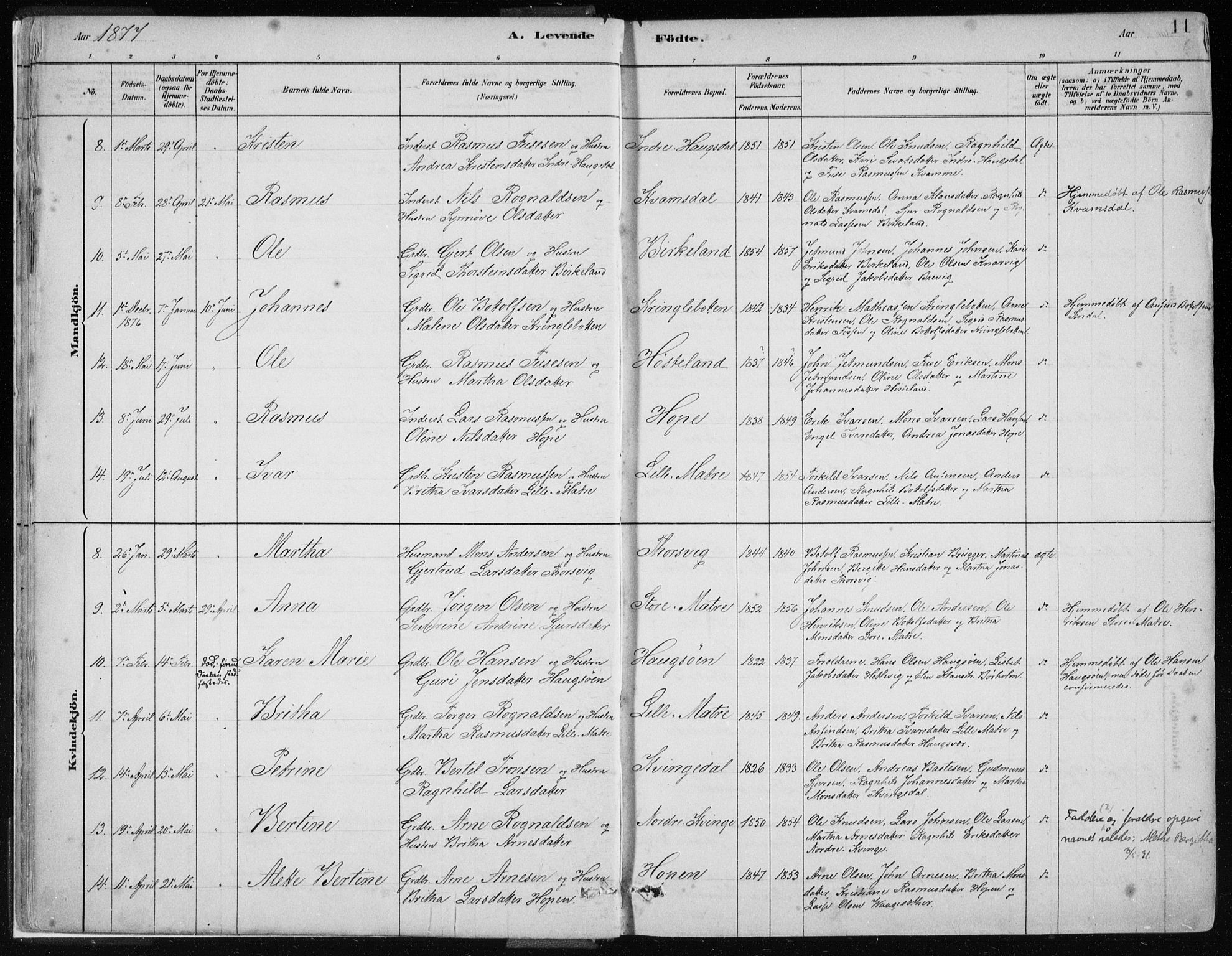 Masfjorden Sokneprestembete, AV/SAB-A-77001: Parish register (official) no. B  1, 1876-1899, p. 11