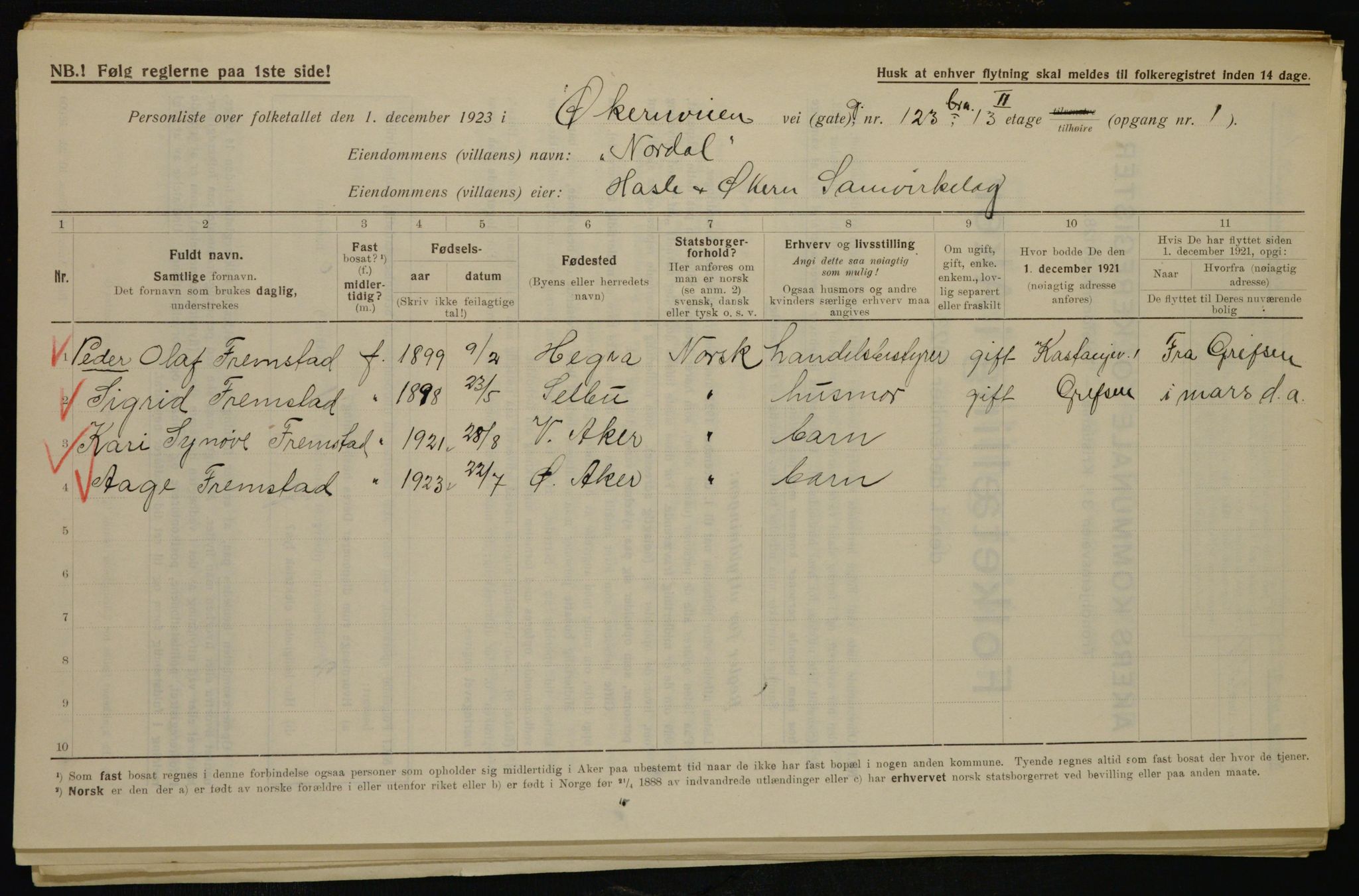 , Municipal Census 1923 for Aker, 1923, p. 35623