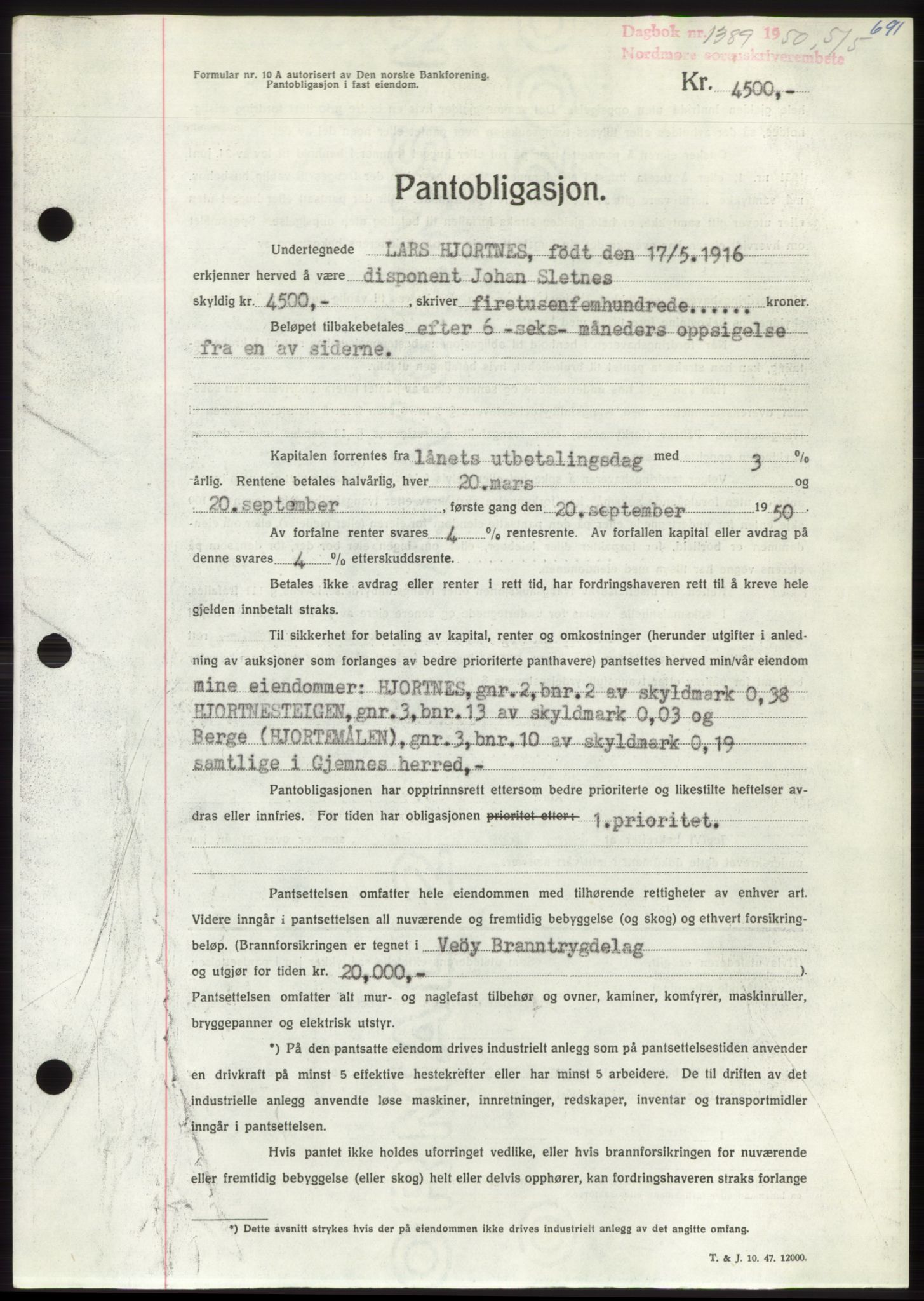 Nordmøre sorenskriveri, AV/SAT-A-4132/1/2/2Ca: Mortgage book no. B104, 1950-1950, Diary no: : 1389/1950