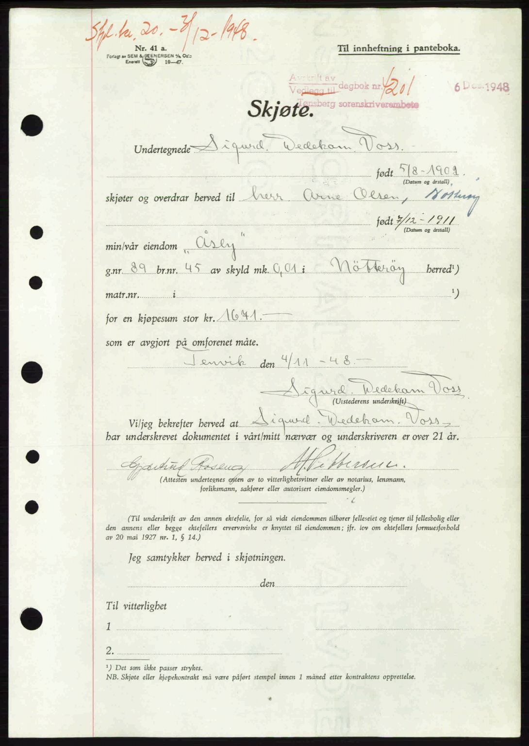 Tønsberg sorenskriveri, AV/SAKO-A-130/G/Ga/Gaa/L0026: Mortgage book no. A26, 1948-1949, Diary no: : 4201/1948