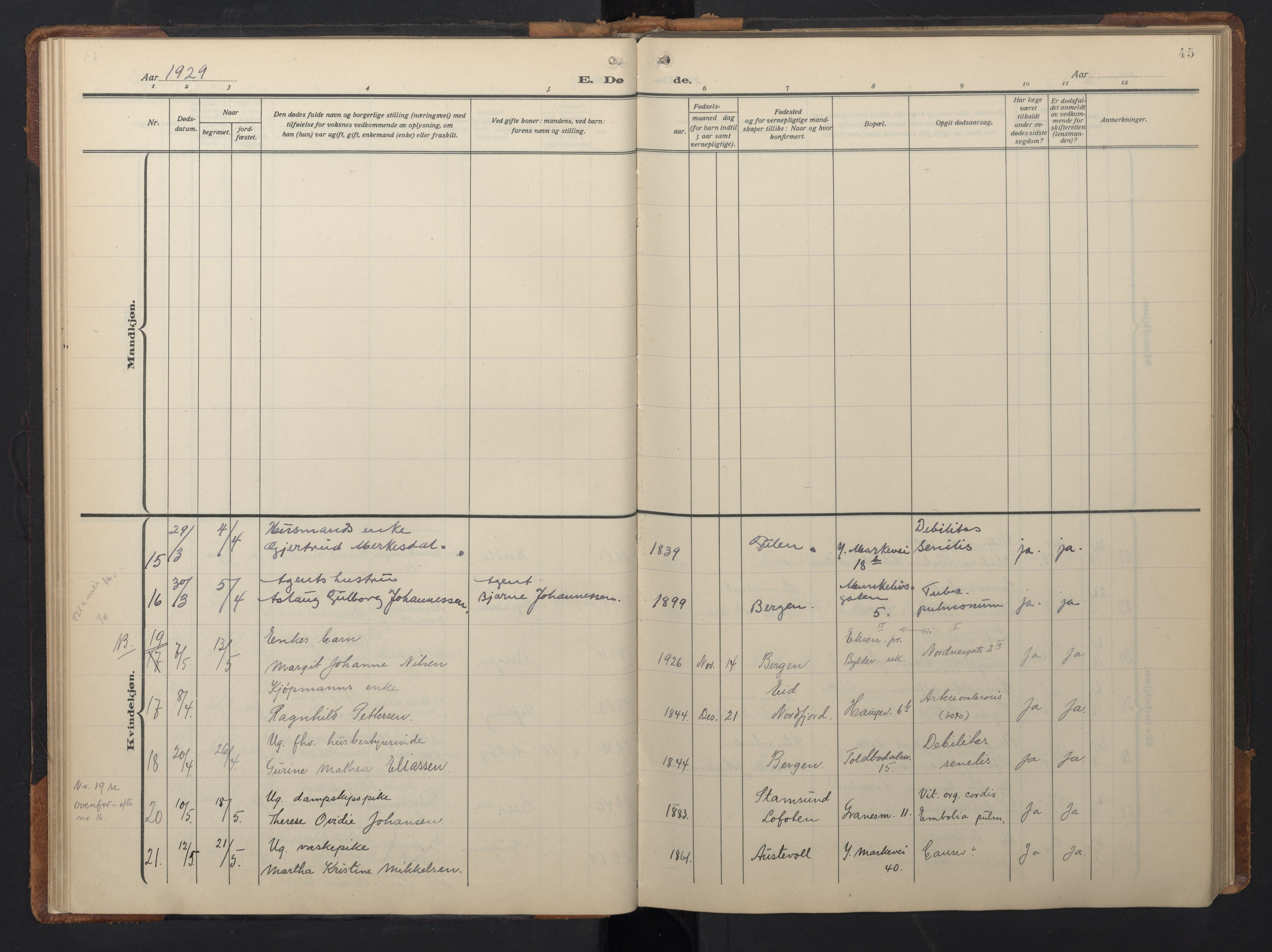 Nykirken Sokneprestembete, SAB/A-77101/H/Hab: Parish register (copy) no. E 3, 1924-1947, p. 44b-45a