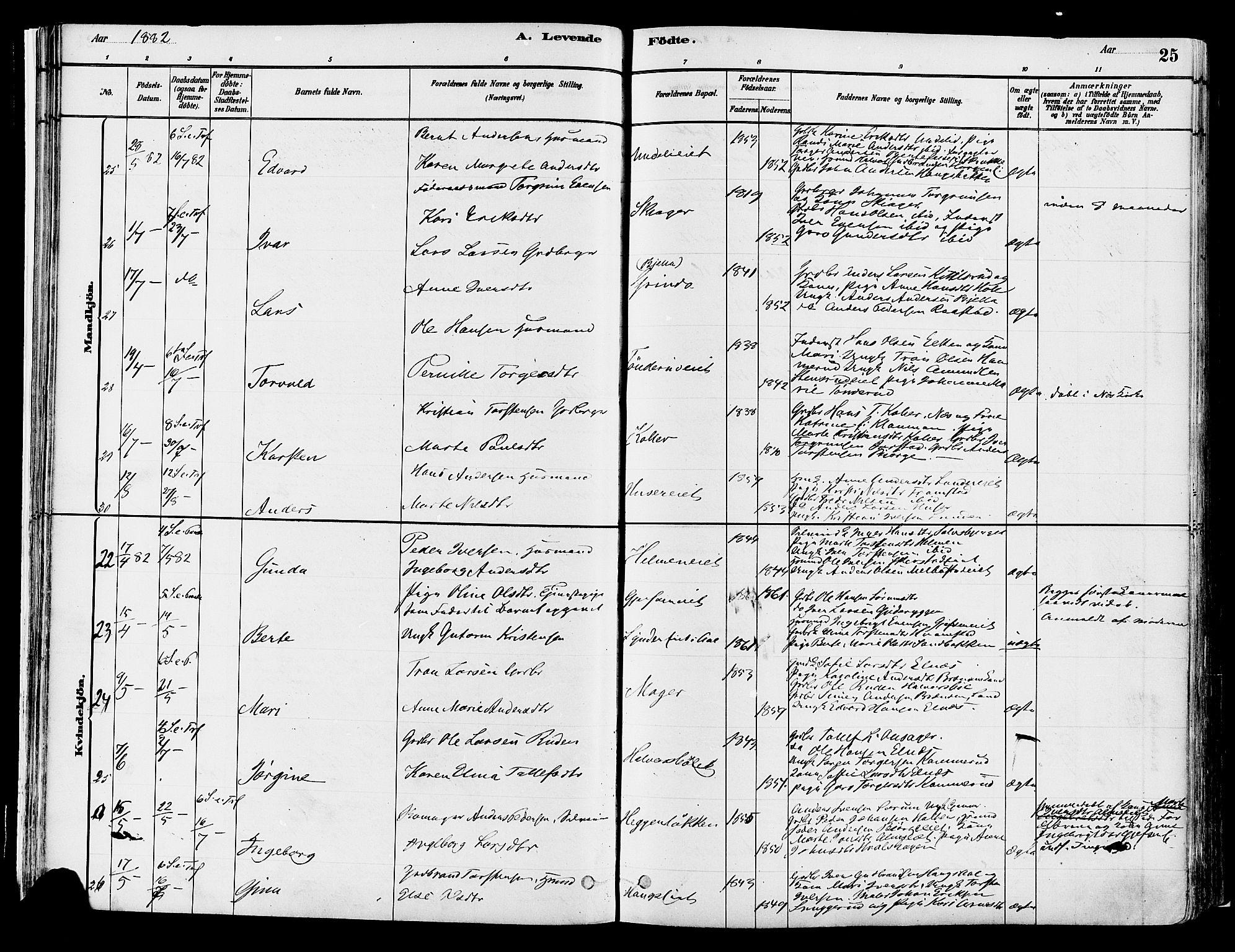 Gran prestekontor, AV/SAH-PREST-112/H/Ha/Haa/L0014: Parish register (official) no. 14, 1880-1889, p. 25