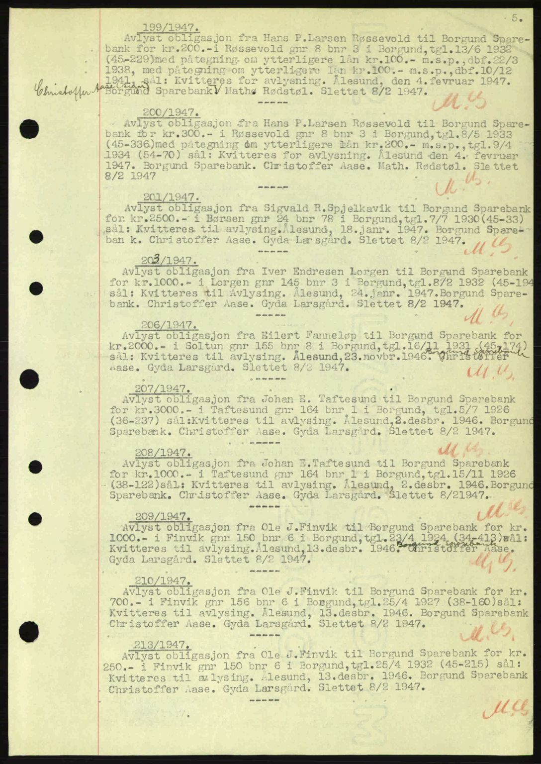 Nordre Sunnmøre sorenskriveri, SAT/A-0006/1/2/2C/2Ca: Mortgage book no. B6-14 a, 1942-1945, Diary no: : 199/1947