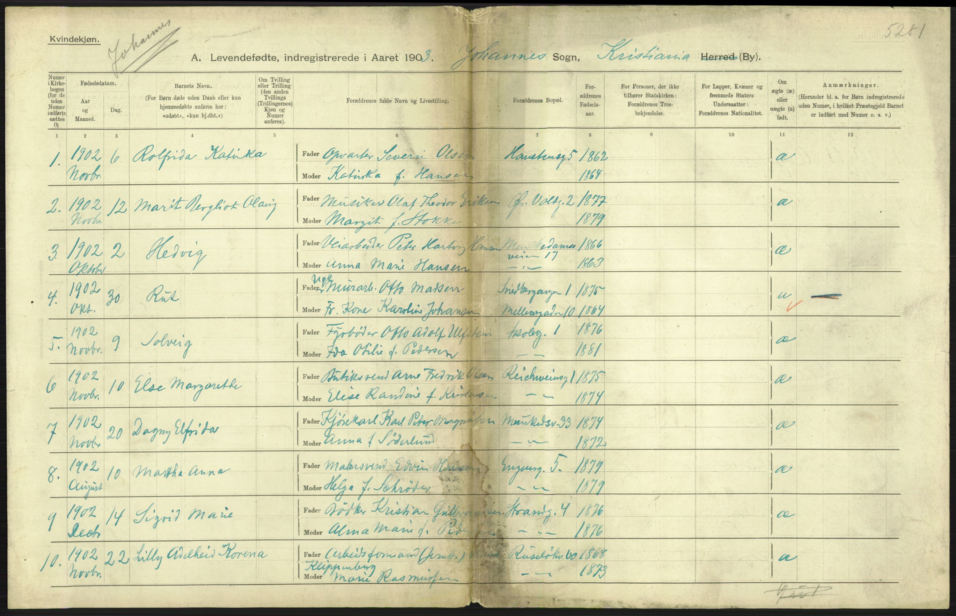 Statistisk sentralbyrå, Sosiodemografiske emner, Befolkning, AV/RA-S-2228/D/Df/Dfa/Dfaa/L0003: Kristiania: Fødte, 1903, p. 531