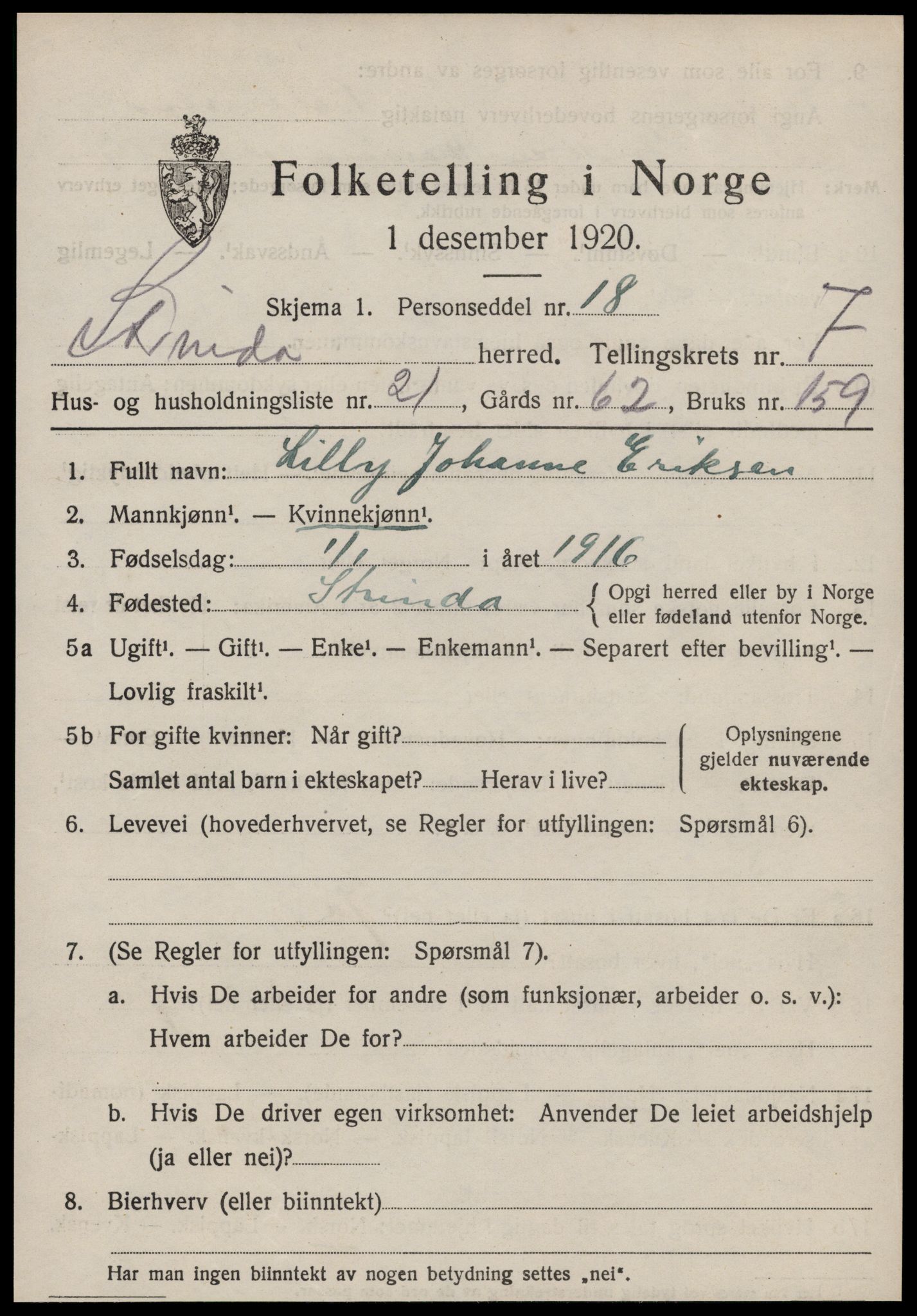 SAT, 1920 census for Strinda, 1920, p. 17580