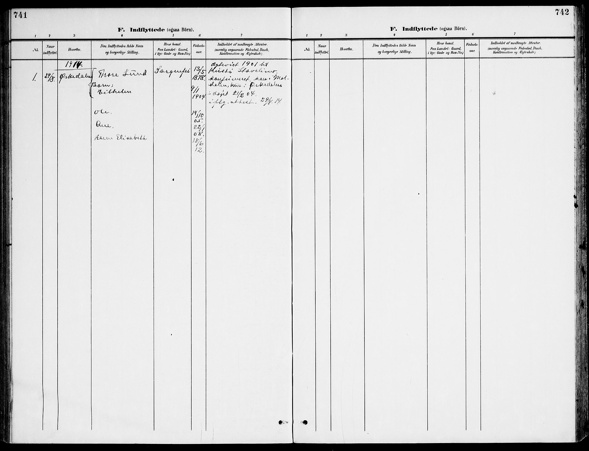 Ministerialprotokoller, klokkerbøker og fødselsregistre - Sør-Trøndelag, SAT/A-1456/607/L0320: Parish register (official) no. 607A04, 1907-1915, p. 741-742